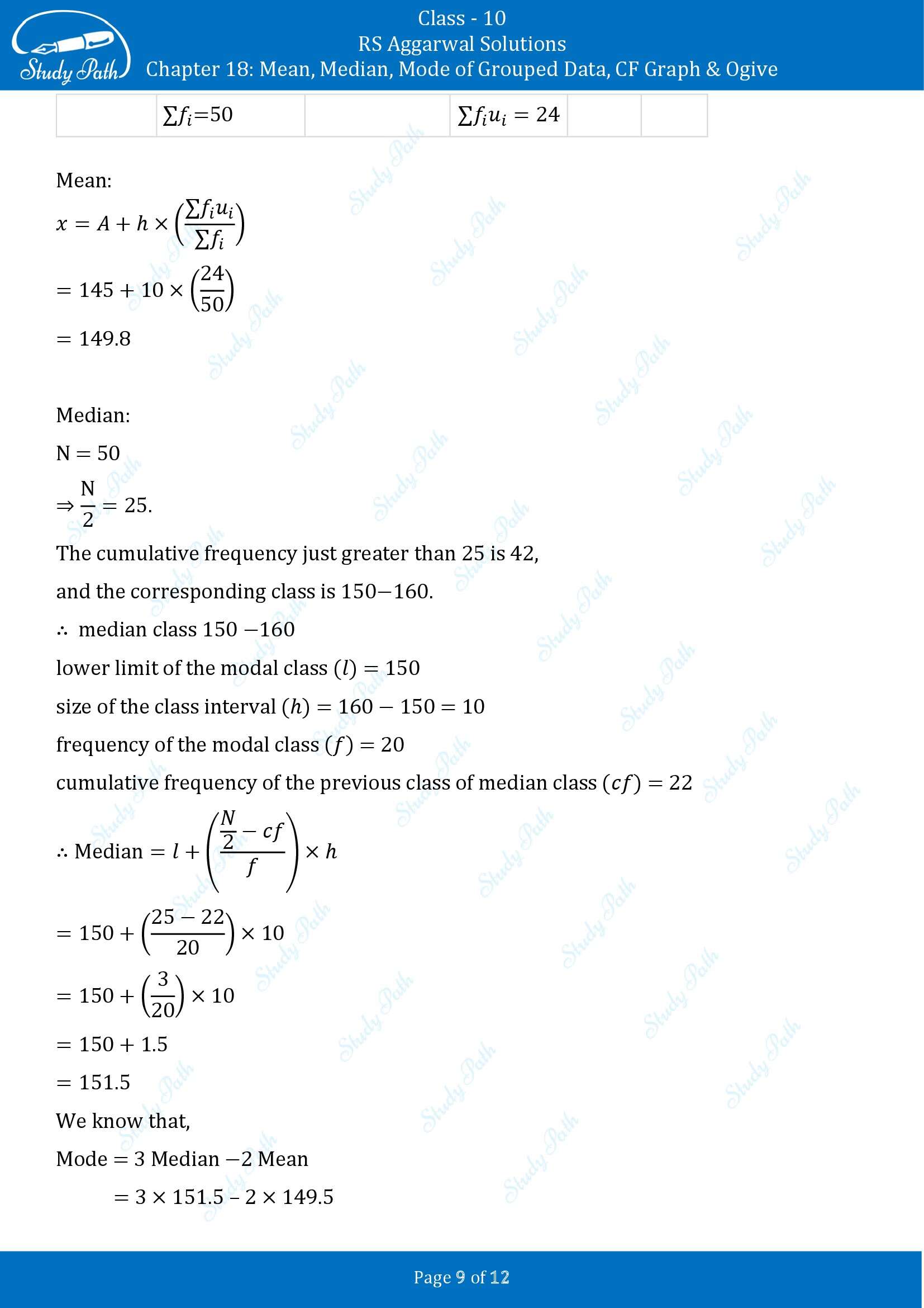 RS Aggarwal Solutions for Class 10 Chapter 18 Mean Median Mode CF and Ogive Exercise 18D 00009