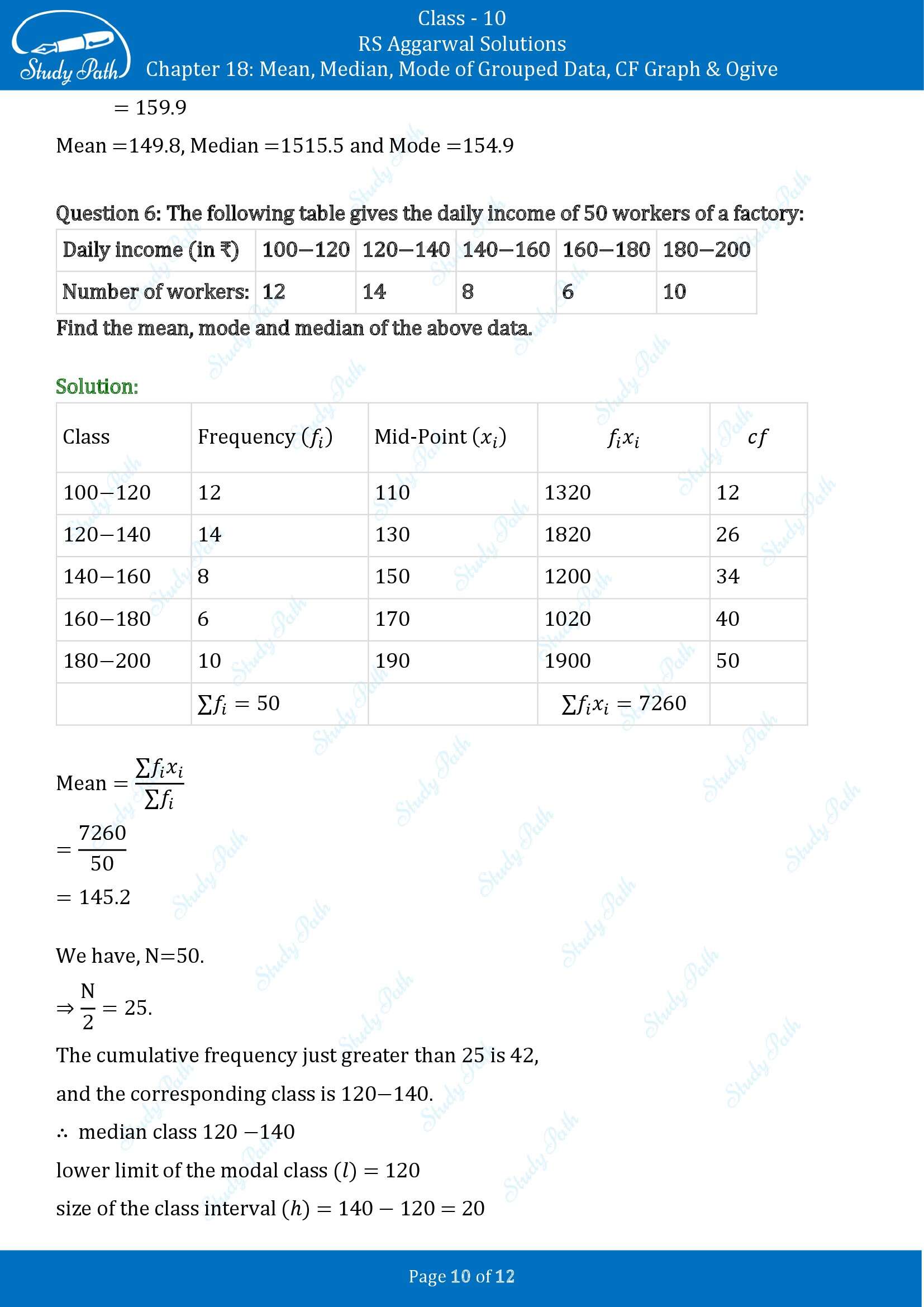 RS Aggarwal Solutions for Class 10 Chapter 18 Mean Median Mode CF and Ogive Exercise 18D 00010