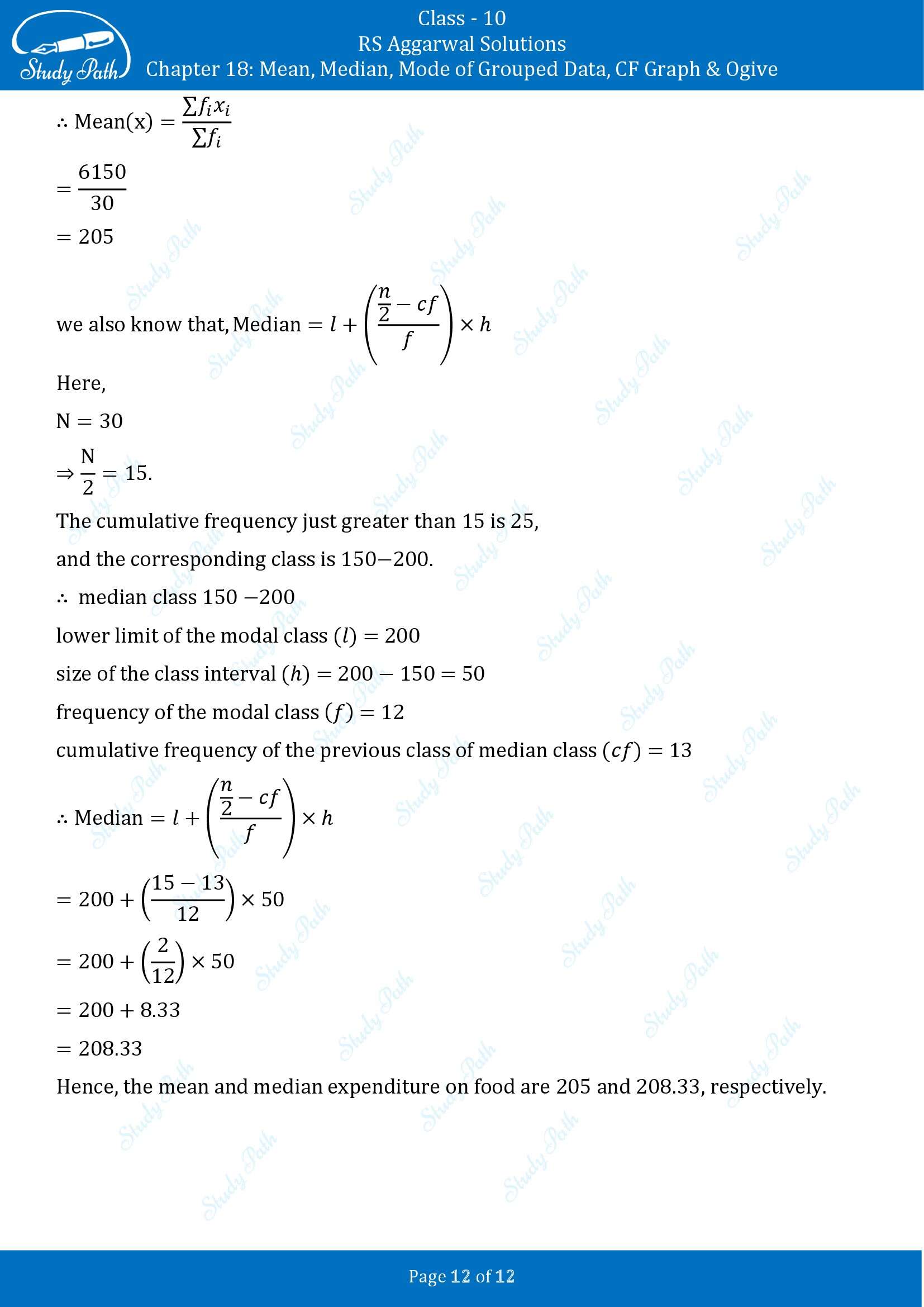 RS Aggarwal Solutions for Class 10 Chapter 18 Mean Median Mode CF and Ogive Exercise 18D 00012