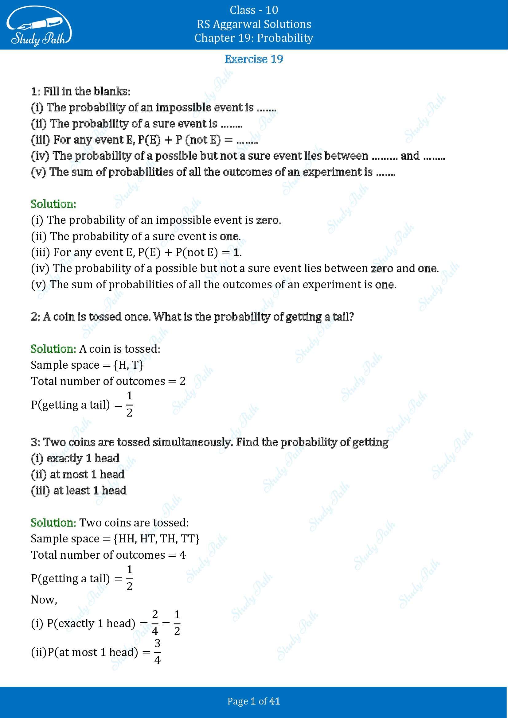 RS Aggarwal Solutions for Class 10 Chapter 19 Probability Exercise 19 00001