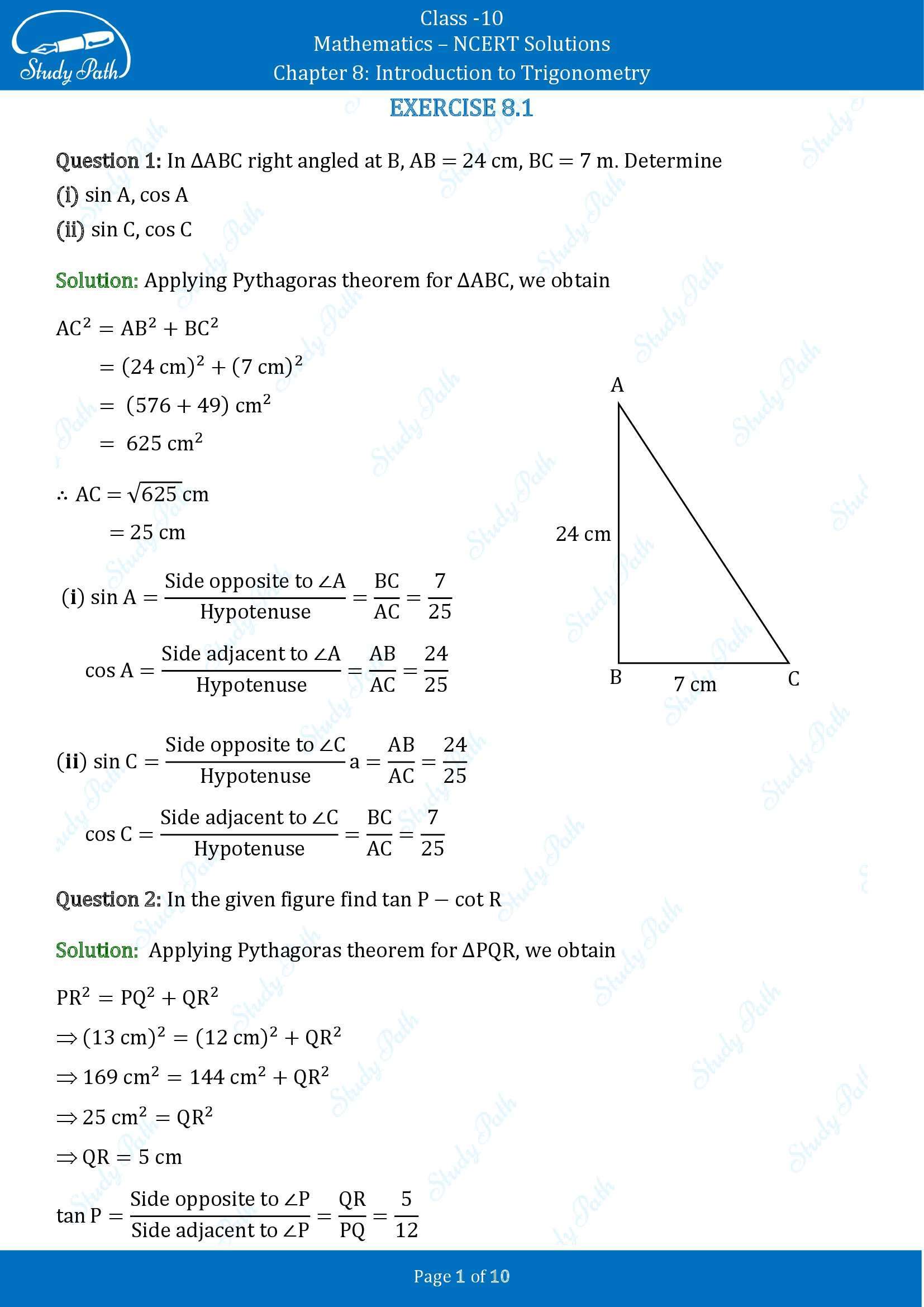 NCERT Solutions for Class 10 Maths Chapter 8 Introduction to Trigonometry Exercise 8.1 00001