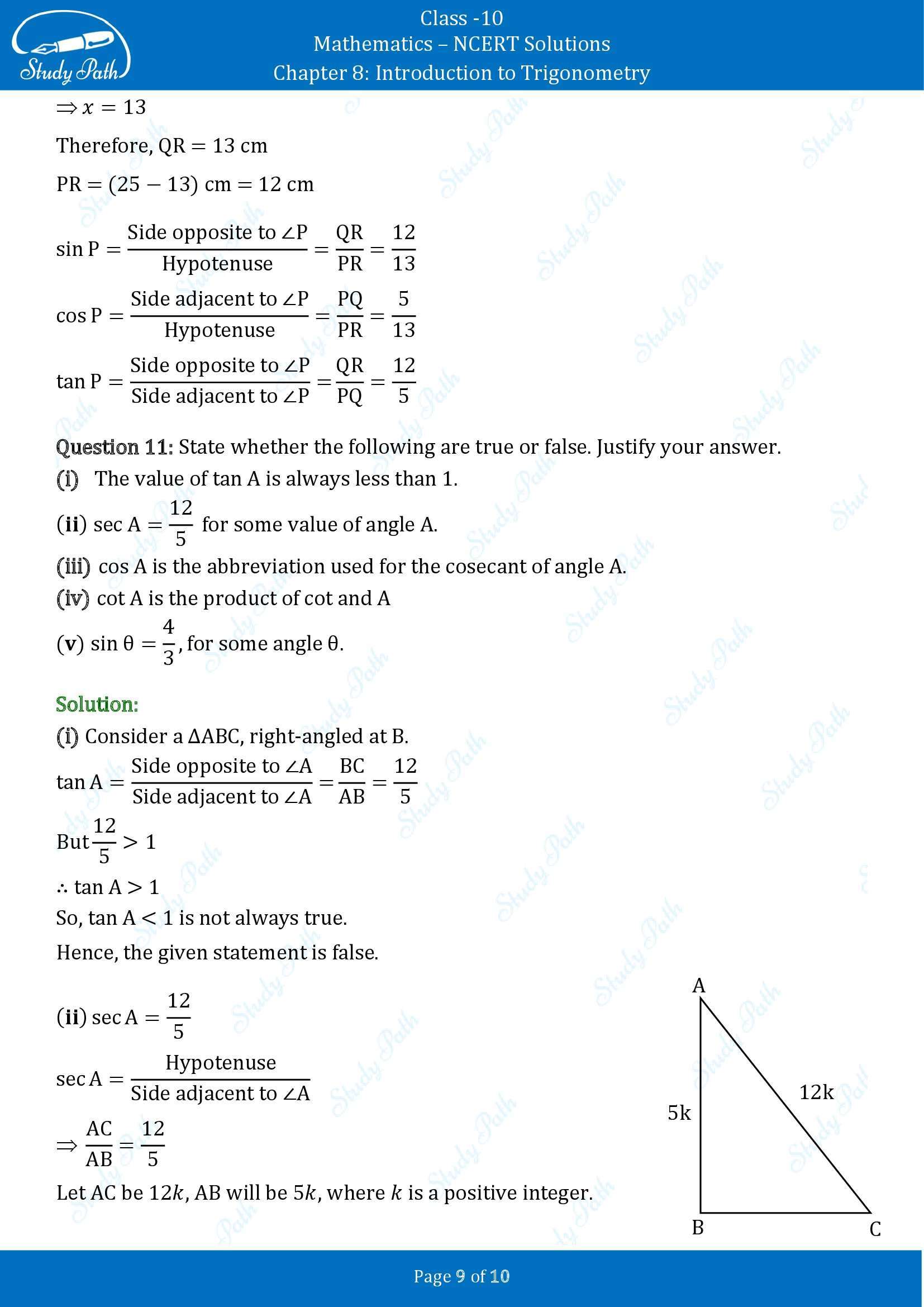 NCERT Solutions for Class 10 Maths Chapter 8 Introduction to Trigonometry Exercise 8.1 00009