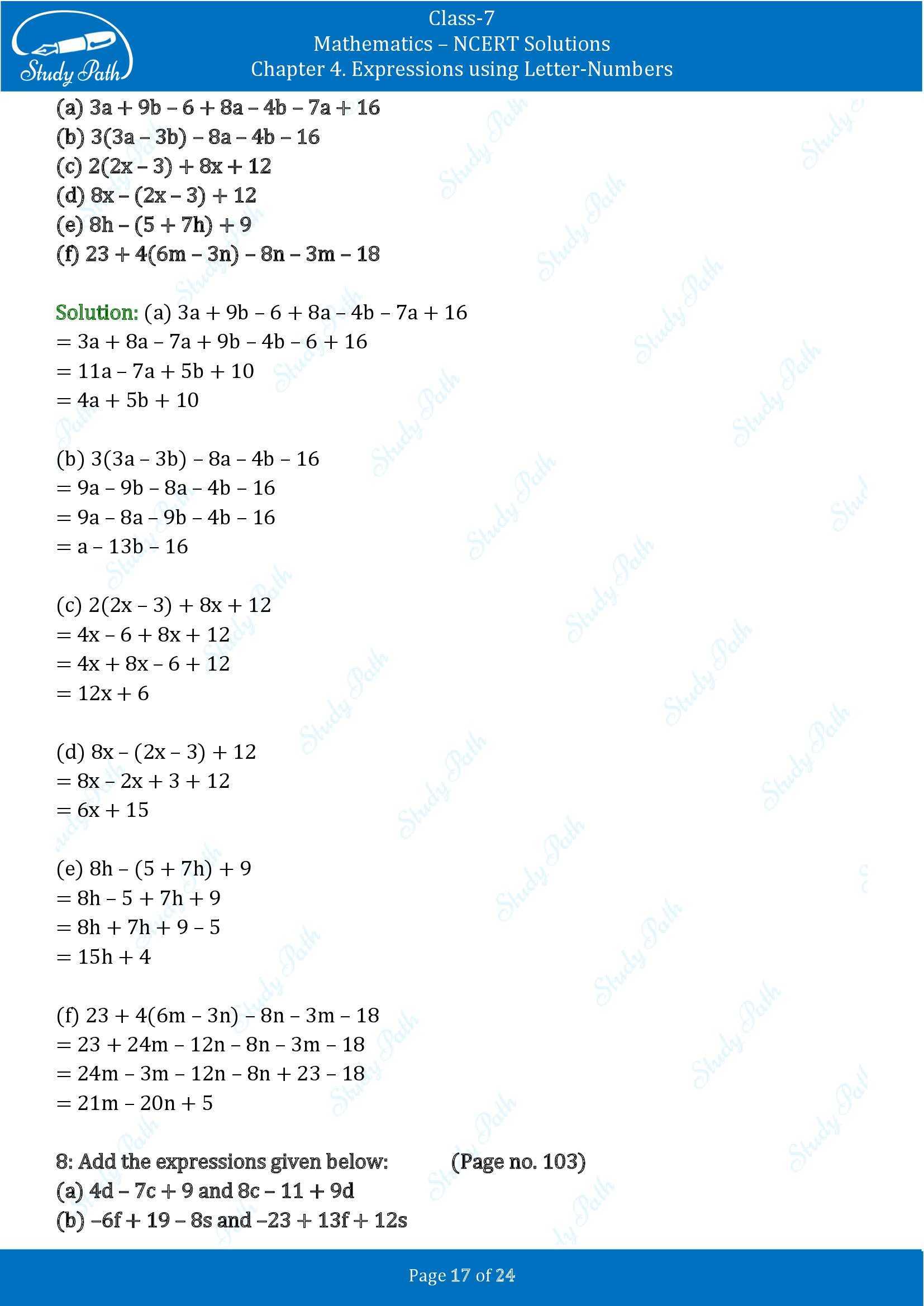 NCERT Solutions for Class 7 Maths Ganit Prakash Part 1 Chapter 4 Expressions using Letter Numbers 00017