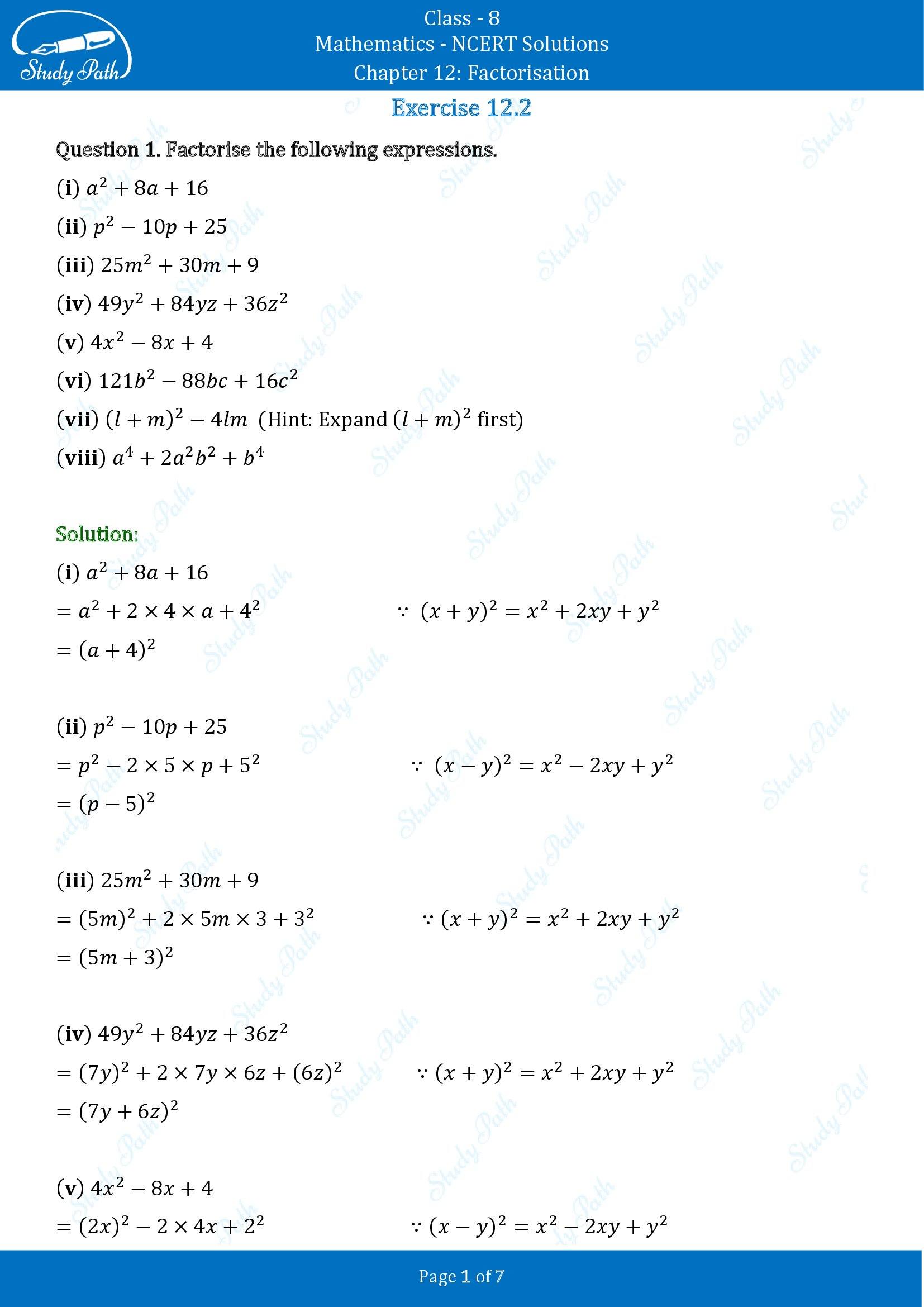 NCERT Solutions for Class 8 Maths Chapter 12 Factorisation Exercise 12.2 00001