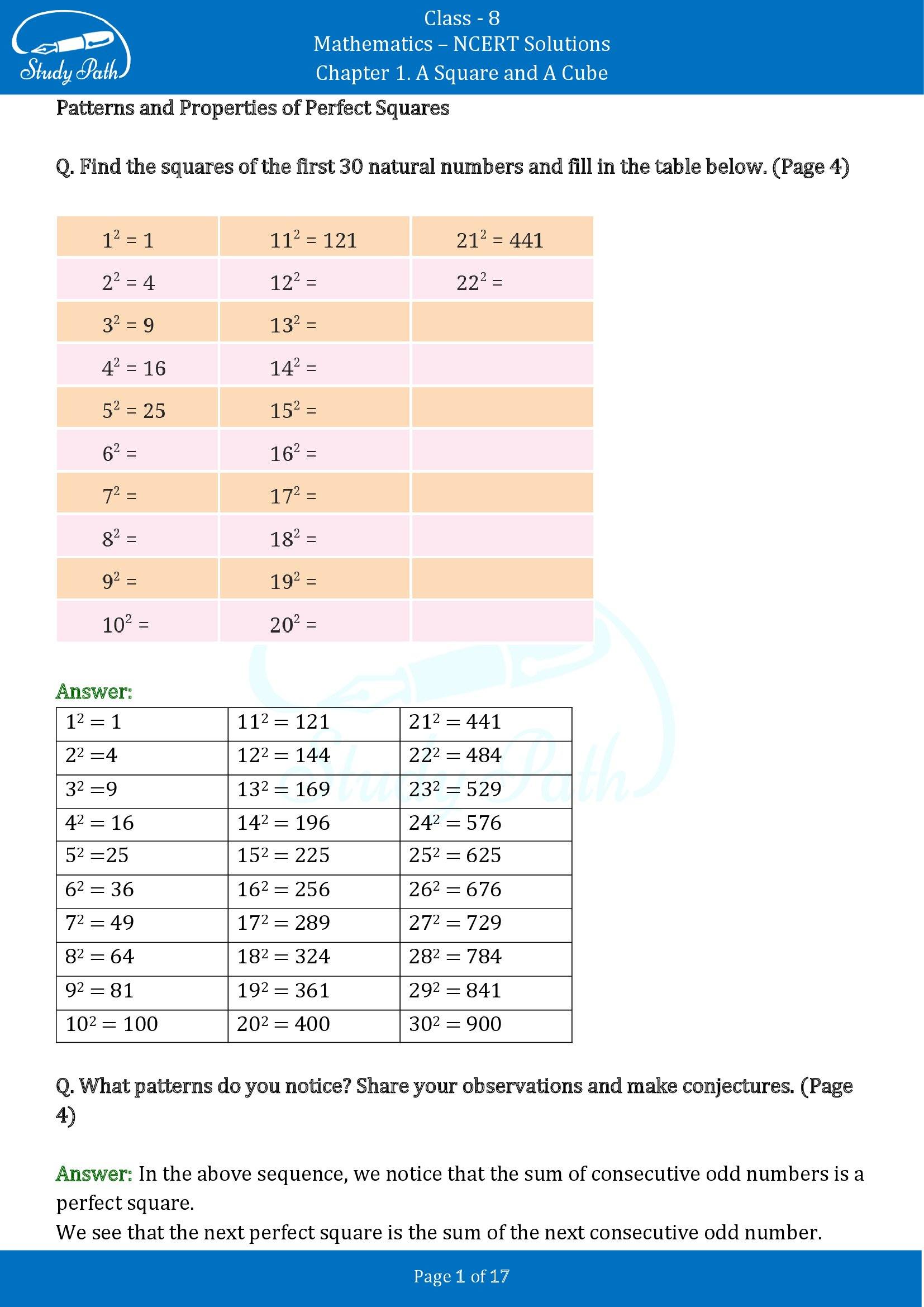 NCERT Solutions for Class 8 Maths Ganit Prakash Part 1 Chapter 1 A Square and A Cube 00001