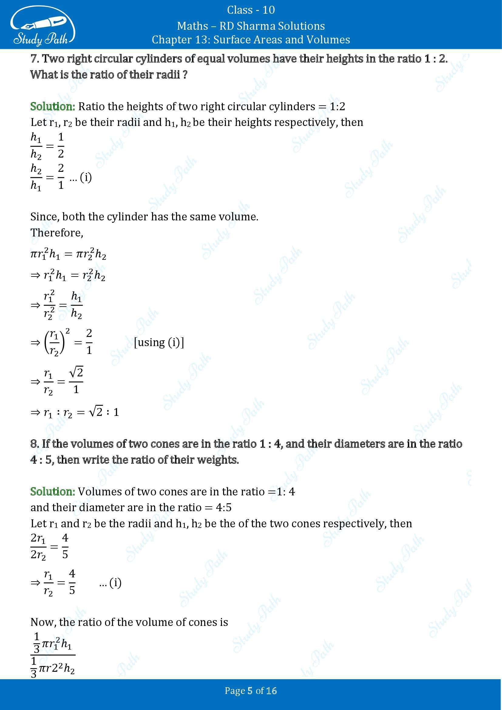 RD Sharma Solutions Class 10 Chapter 13 Surface Areas and Volumes Very Short Answer Type Questions VSAQs 00005