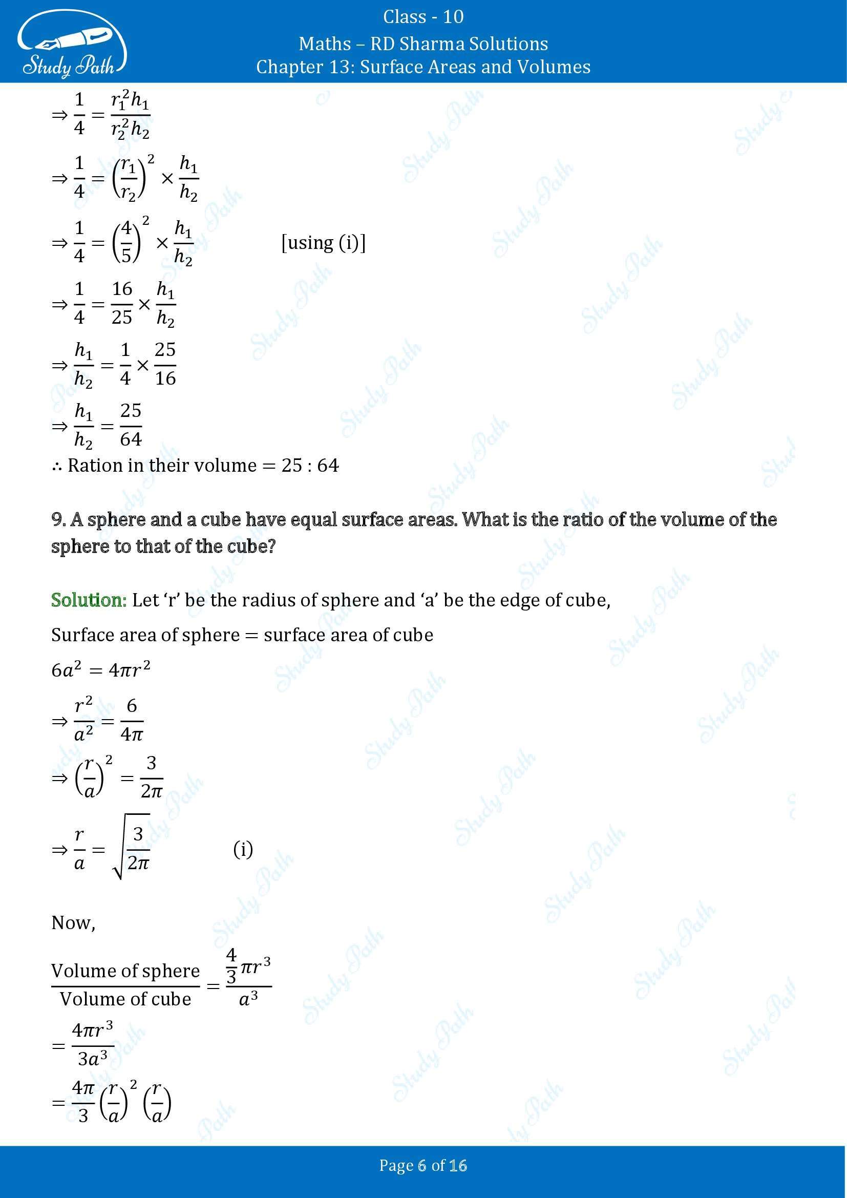 RD Sharma Solutions Class 10 Chapter 13 Surface Areas and Volumes Very Short Answer Type Questions VSAQs 00006