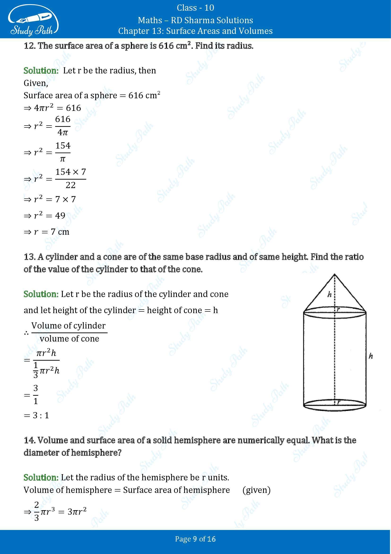 RD Sharma Solutions Class 10 Chapter 13 Surface Areas and Volumes Very Short Answer Type Questions VSAQs 00009