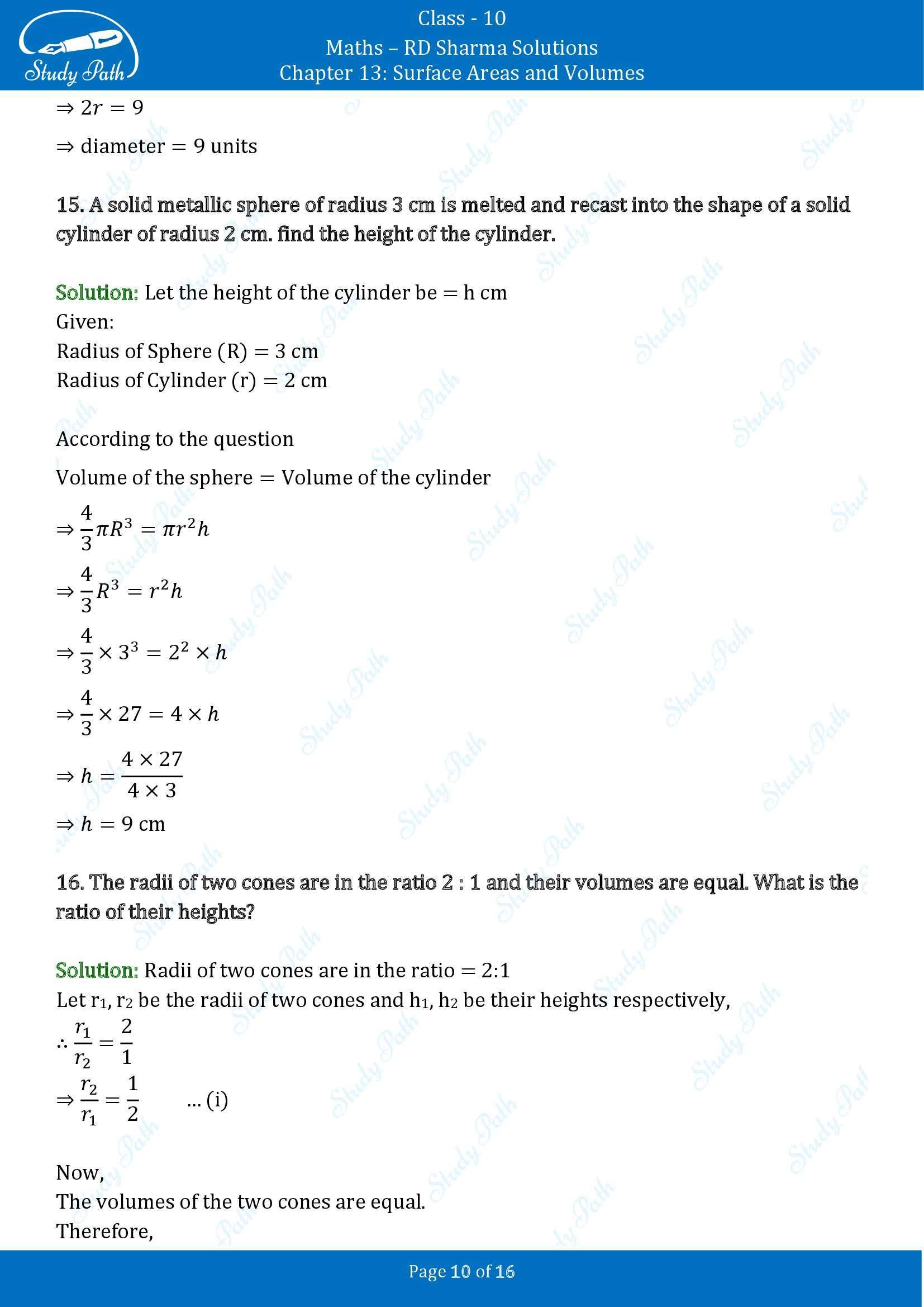 RD Sharma Solutions Class 10 Chapter 13 Surface Areas and Volumes Very Short Answer Type Questions VSAQs 00010