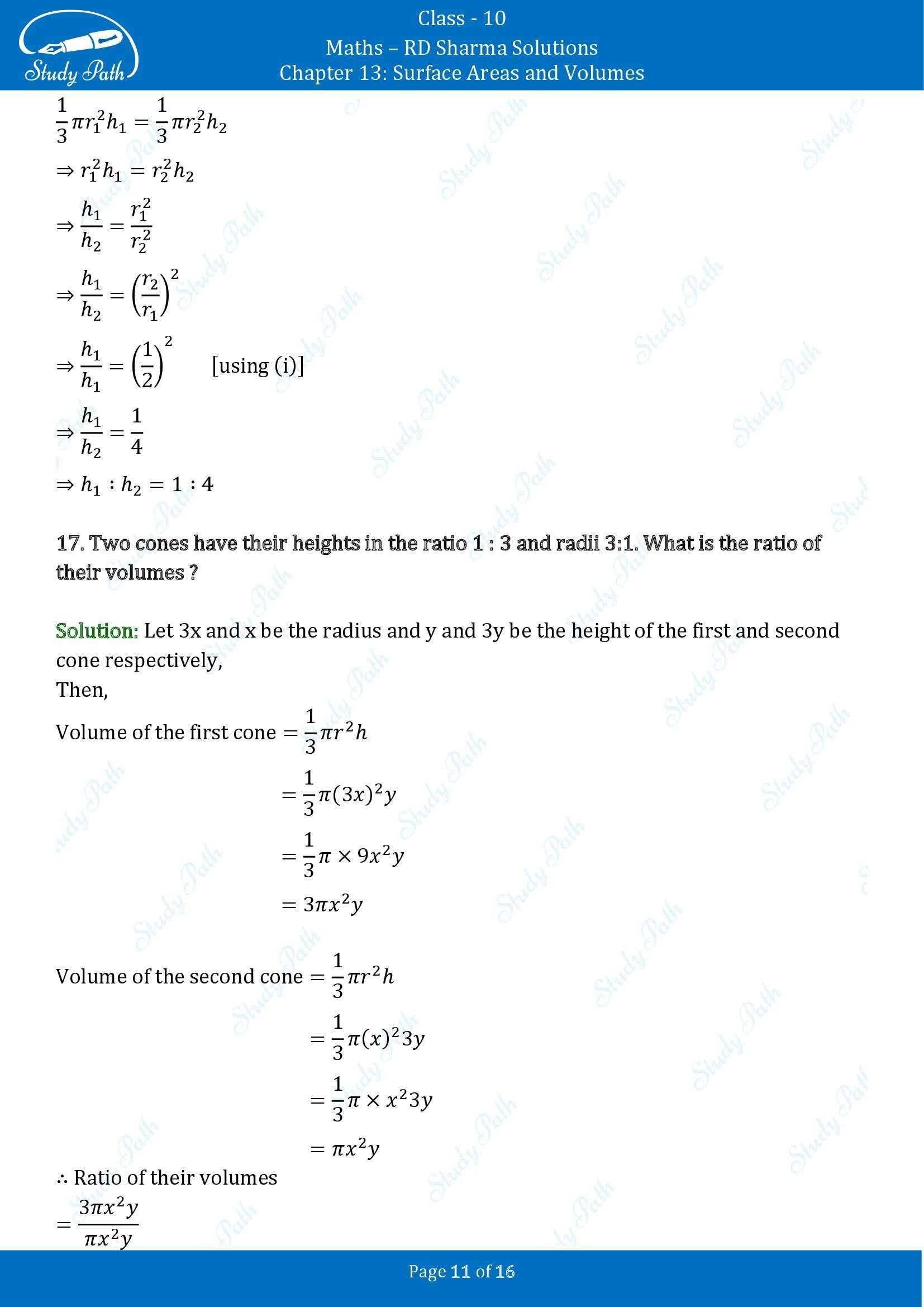 RD Sharma Solutions Class 10 Chapter 13 Surface Areas and Volumes Very Short Answer Type Questions VSAQs 00011