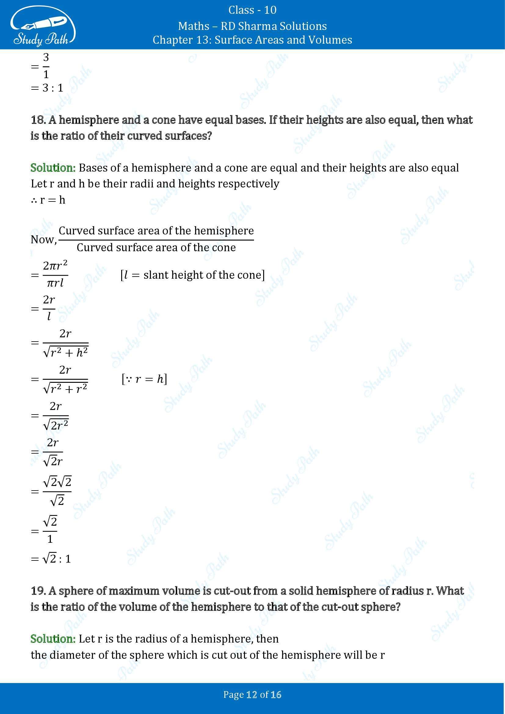 RD Sharma Solutions Class 10 Chapter 13 Surface Areas and Volumes Very Short Answer Type Questions VSAQs 00012