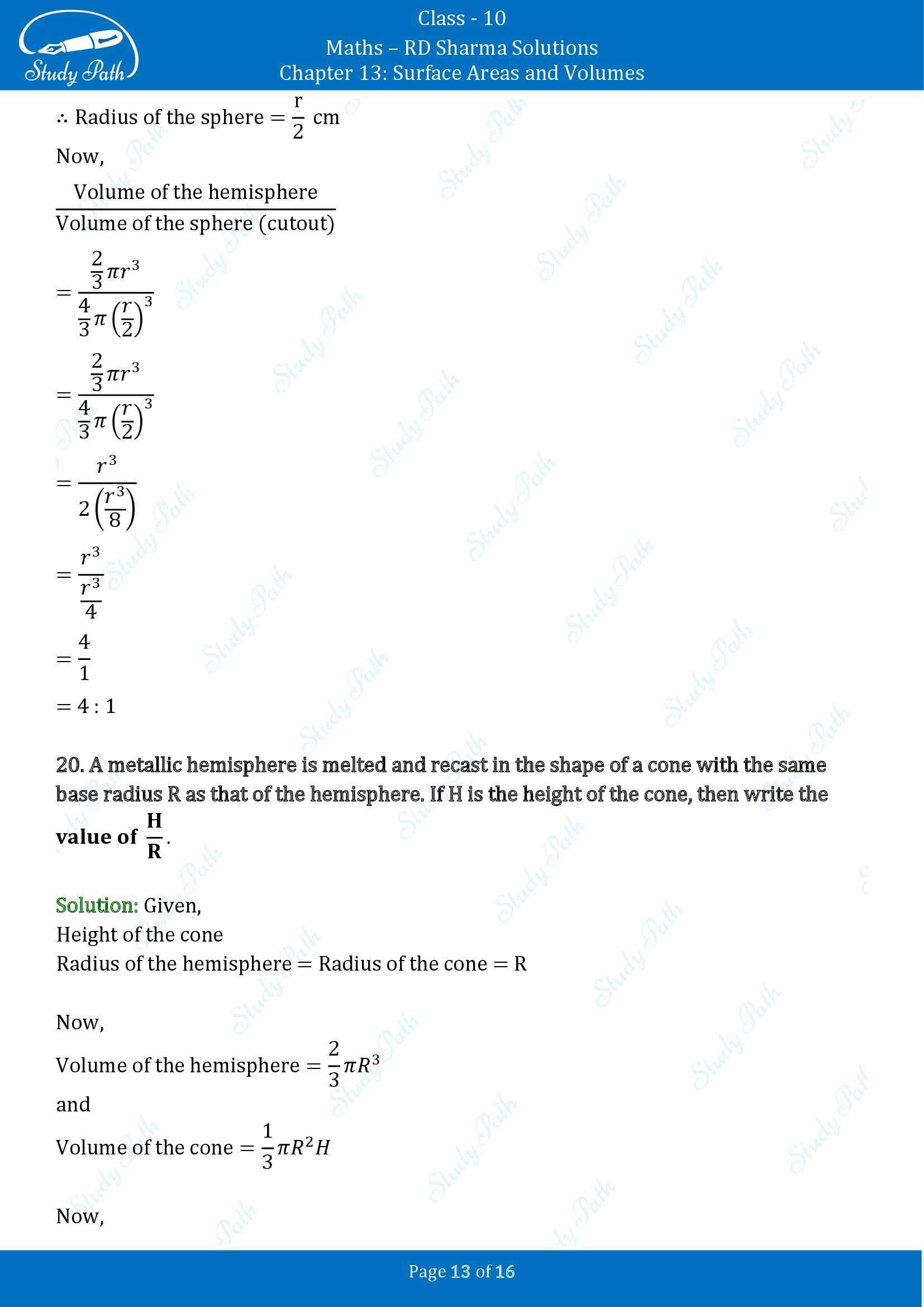 RD Sharma Solutions Class 10 Chapter 13 Surface Areas and Volumes Very Short Answer Type Questions VSAQs 00013