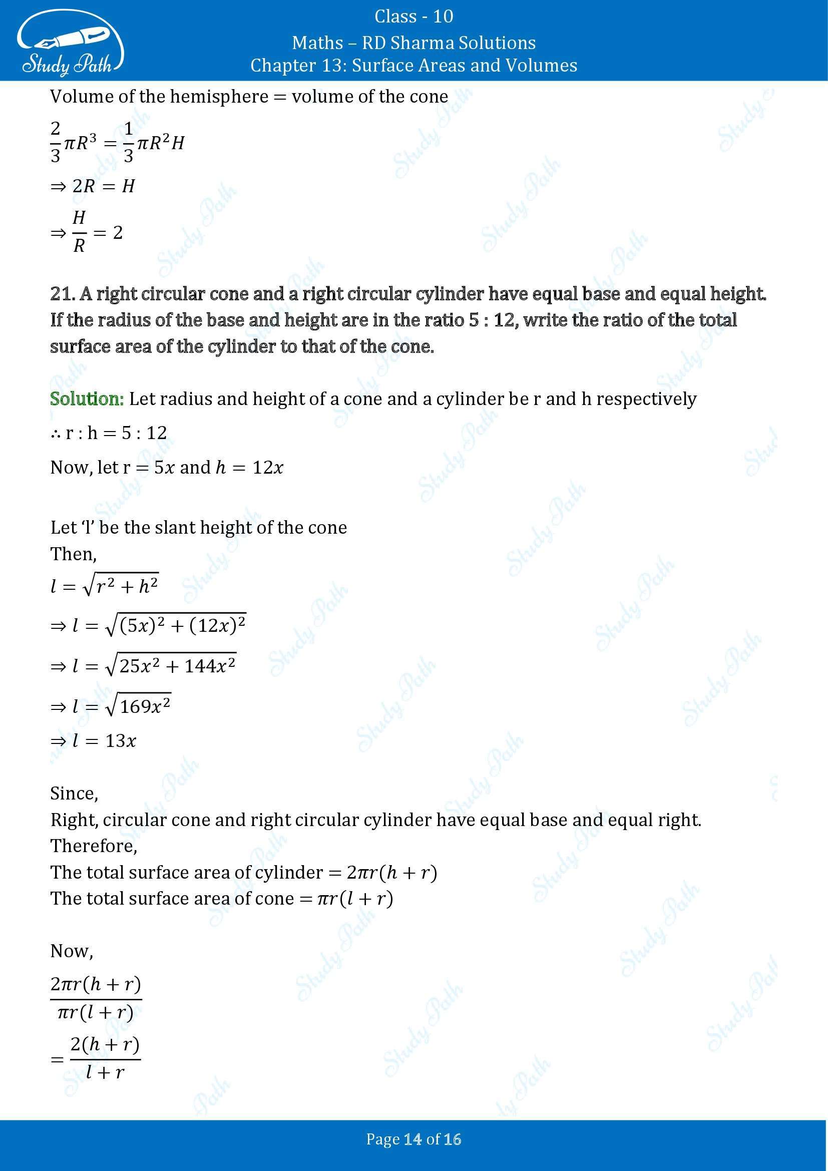RD Sharma Solutions Class 10 Chapter 13 Surface Areas and Volumes Very Short Answer Type Questions VSAQs 00014