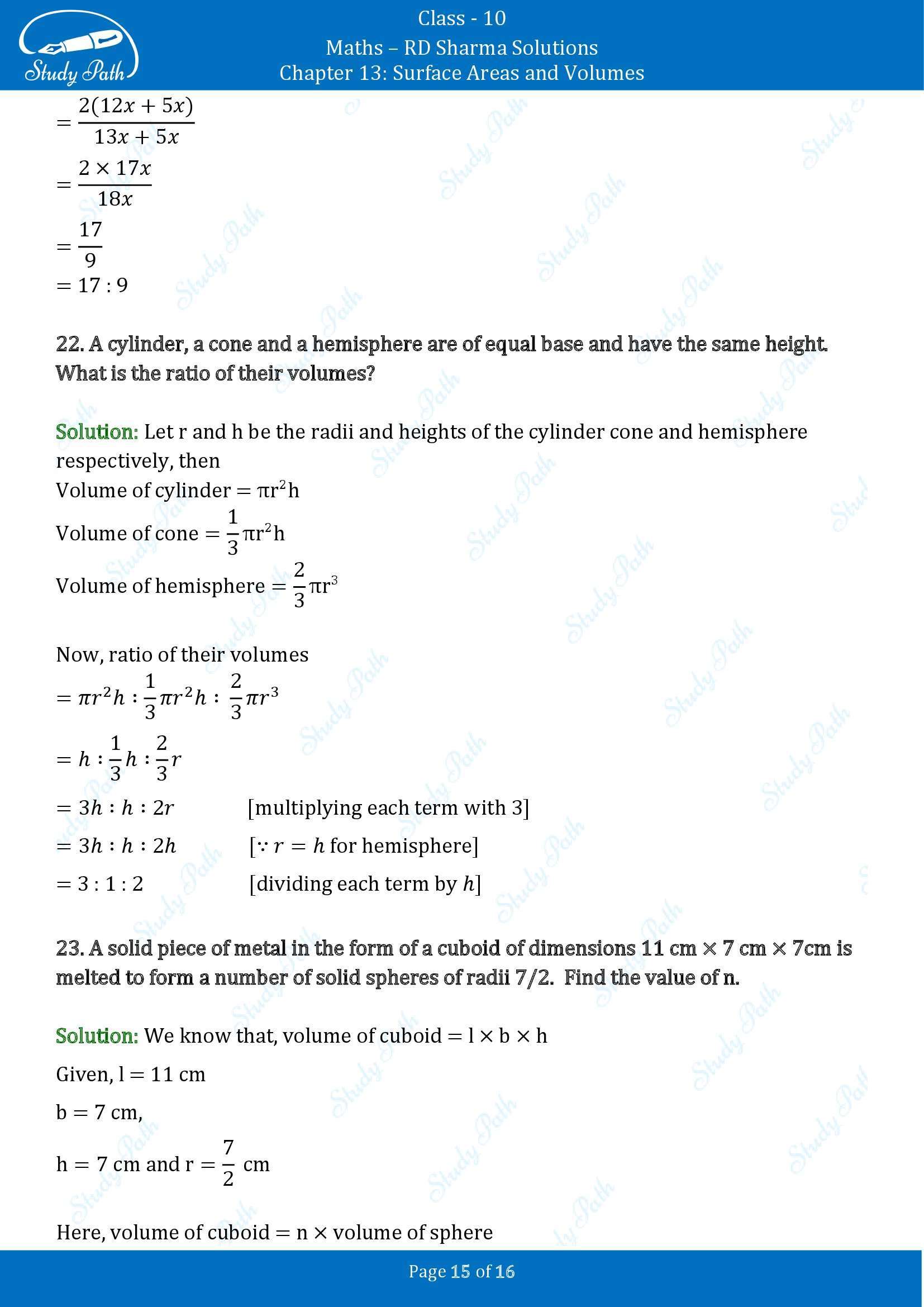 RD Sharma Solutions Class 10 Chapter 13 Surface Areas and Volumes Very Short Answer Type Questions VSAQs 00015