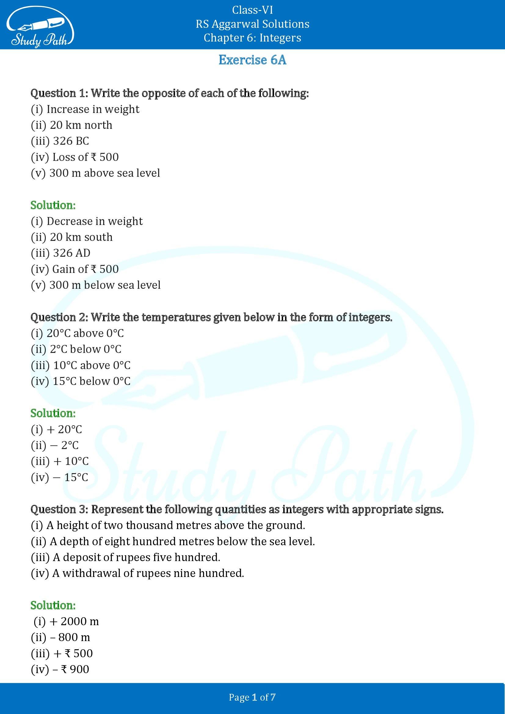 RS Aggarwal Solutions Class 6 Chapter 6 Integers Exercise 6A 00001