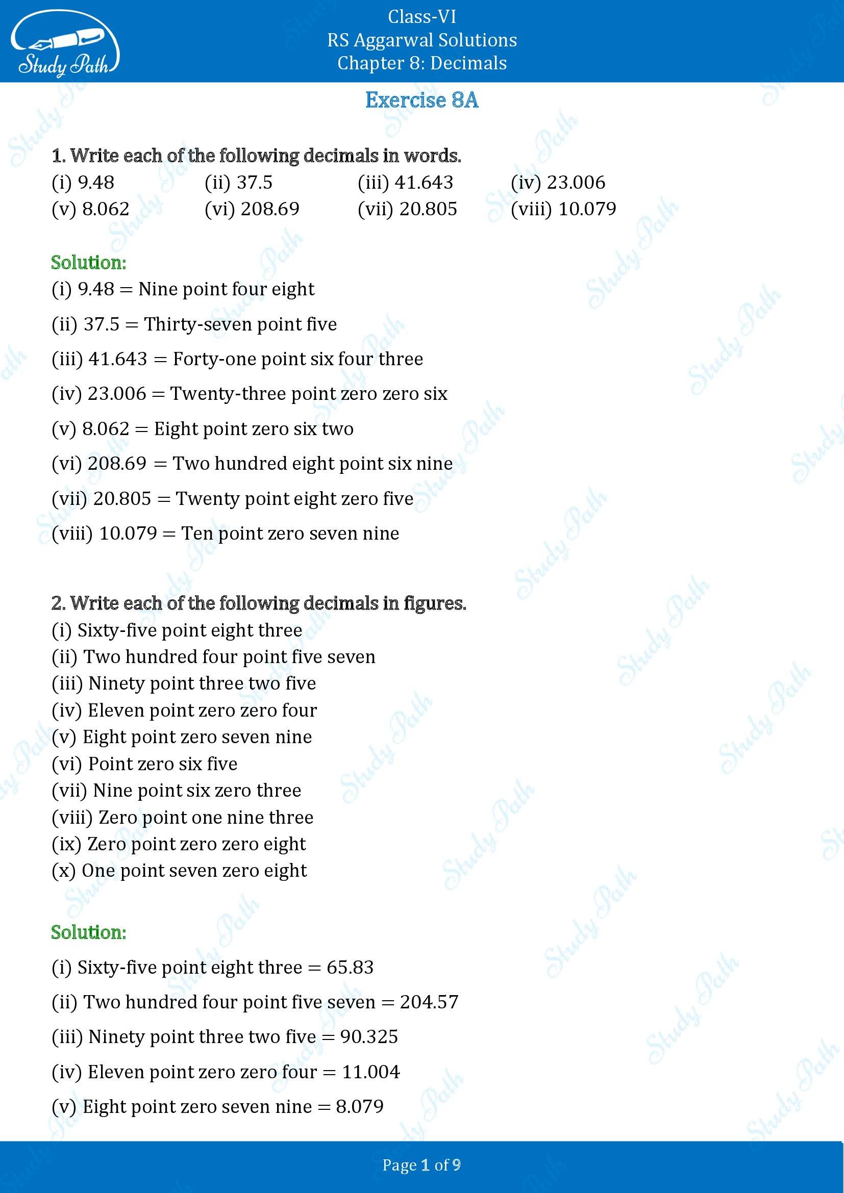 RS Aggarwal Solutions Class 6 Chapter 8 Decimals Exercise 8A 00001