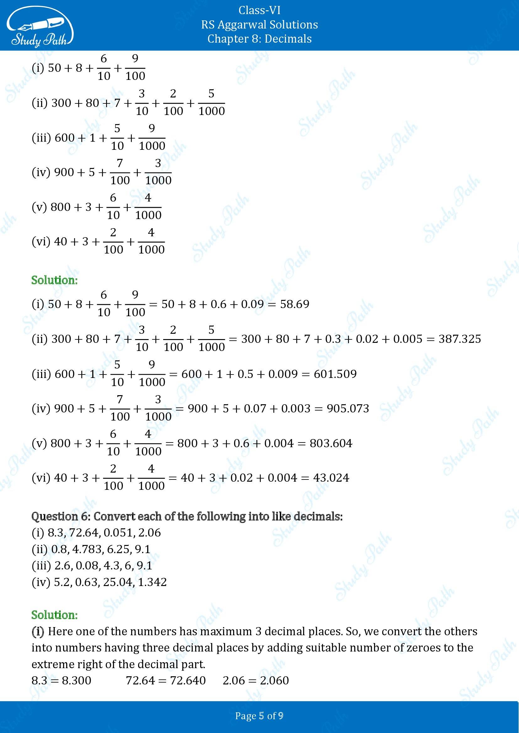 RS Aggarwal Solutions Class 6 Chapter 8 Decimals Exercise 8A 00005