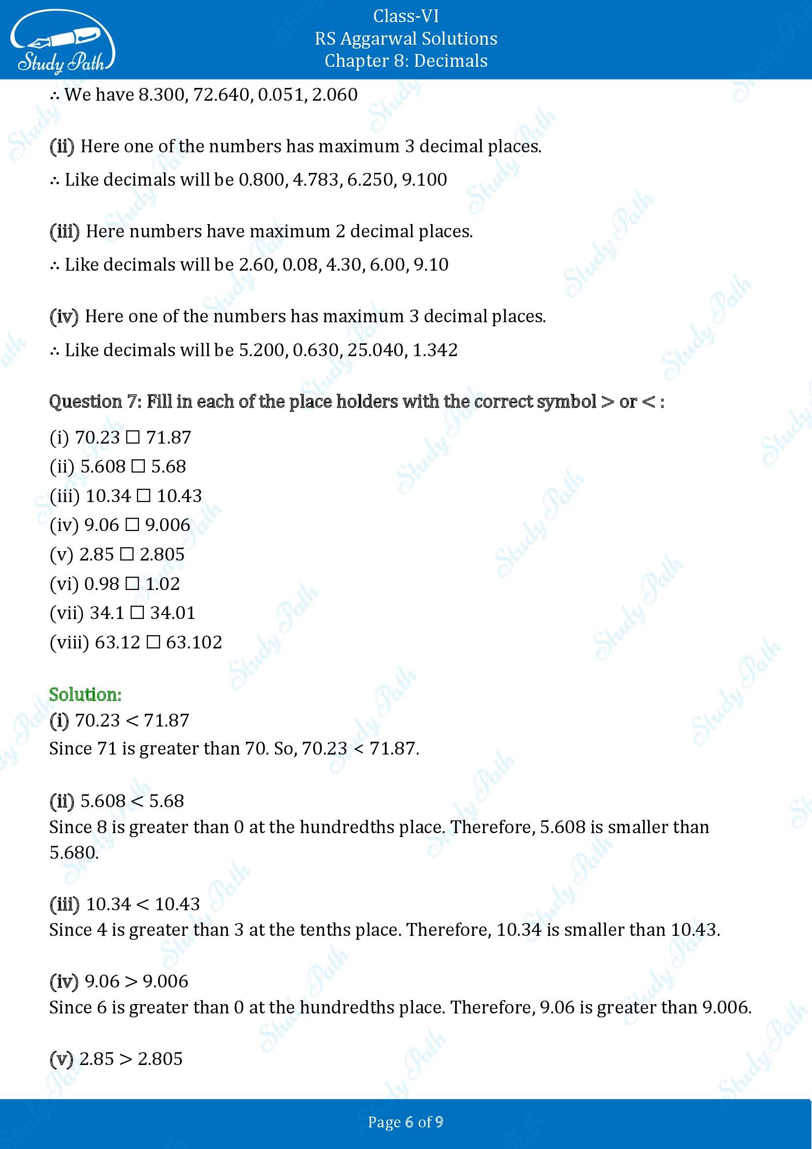 RS Aggarwal Solutions Class 6 Chapter 8 Decimals Exercise 8A 00006