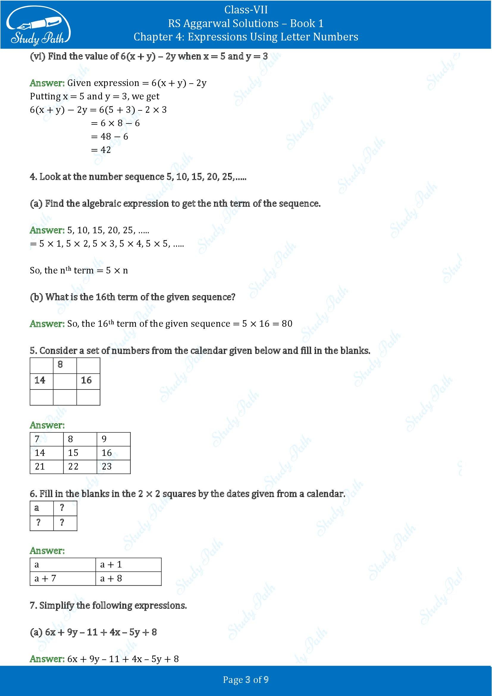 RS Aggarwal Solutions Class 7 Book 1 Chapter 4 Expressions Using Letter Numbers Exercise 4A 00003