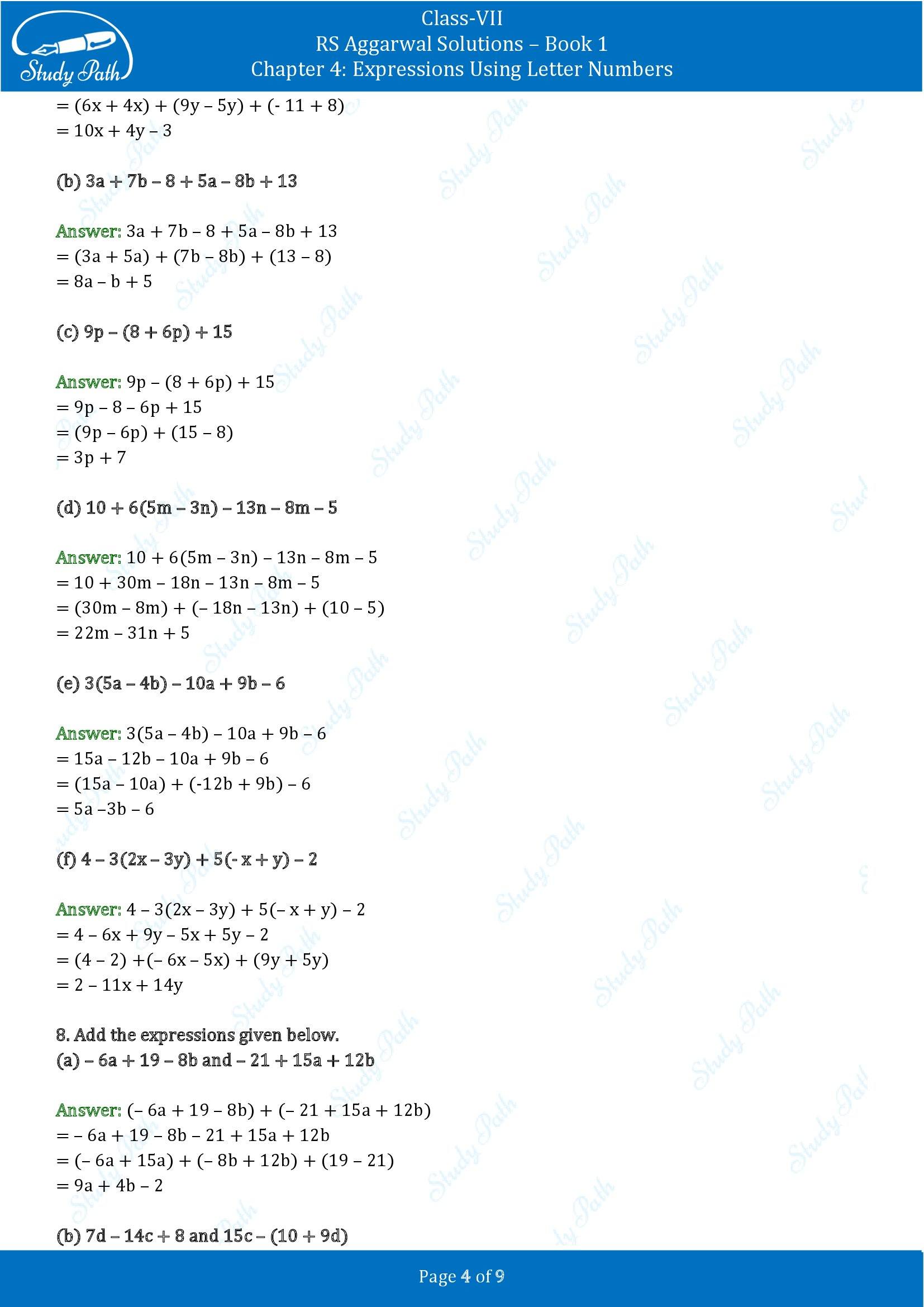 RS Aggarwal Solutions Class 7 Book 1 Chapter 4 Expressions Using Letter Numbers Exercise 4A 00004