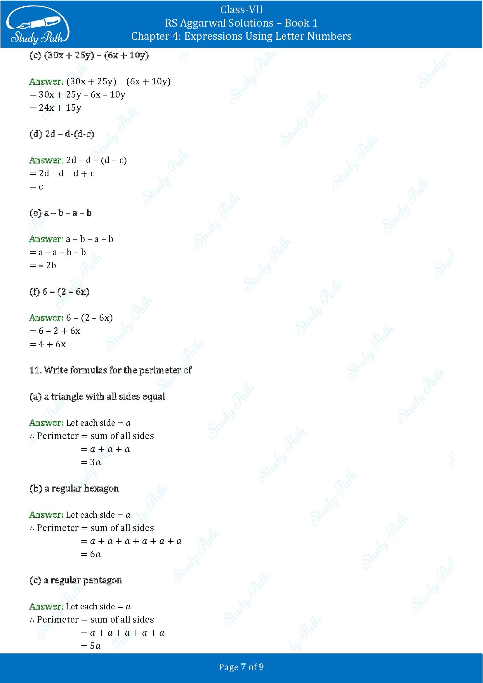 RS Aggarwal Solutions Class 7 Book 1 Chapter 4 Expressions Using Letter Numbers Exercise 4A 00007