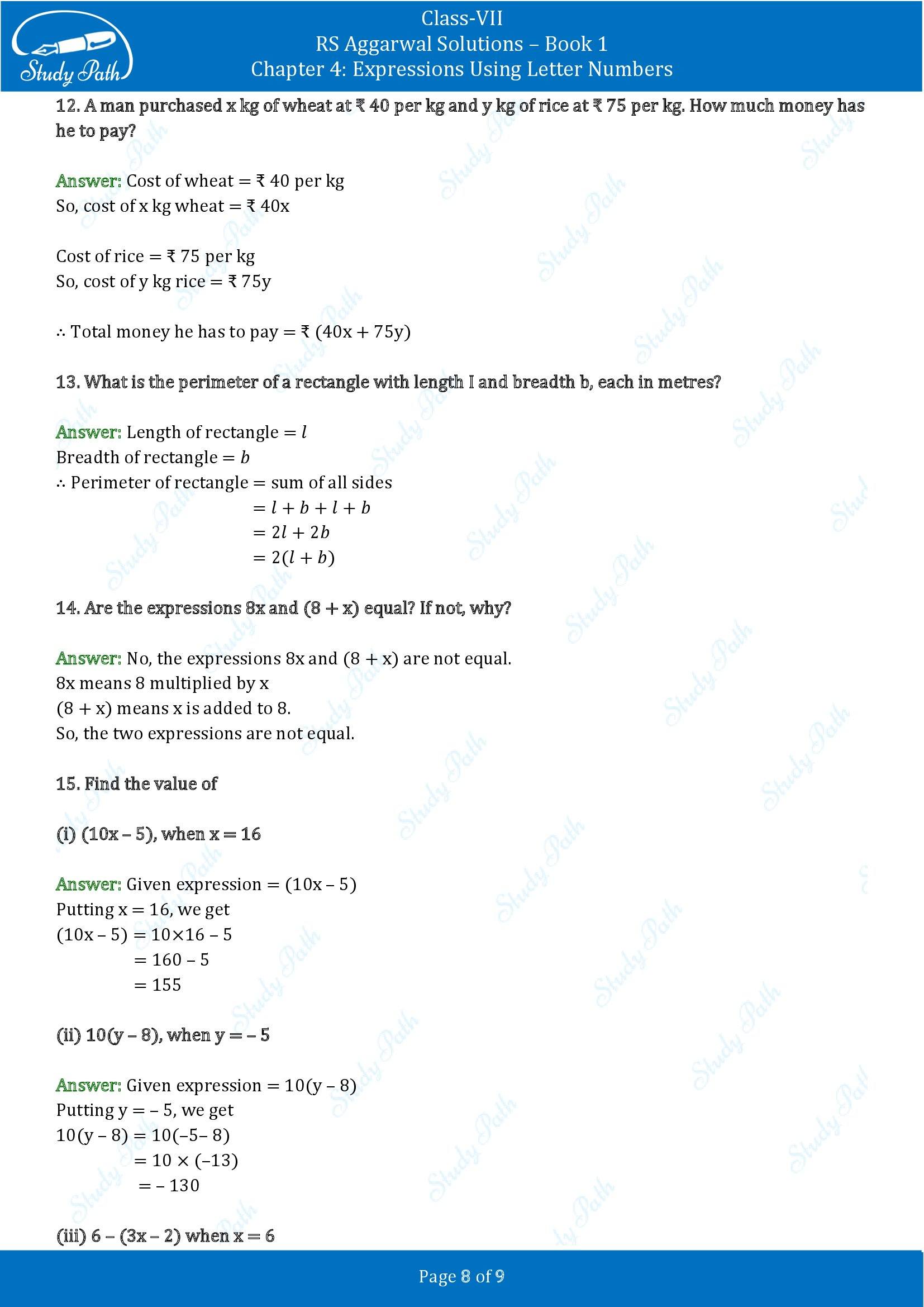 RS Aggarwal Solutions Class 7 Book 1 Chapter 4 Expressions Using Letter Numbers Exercise 4A 00008