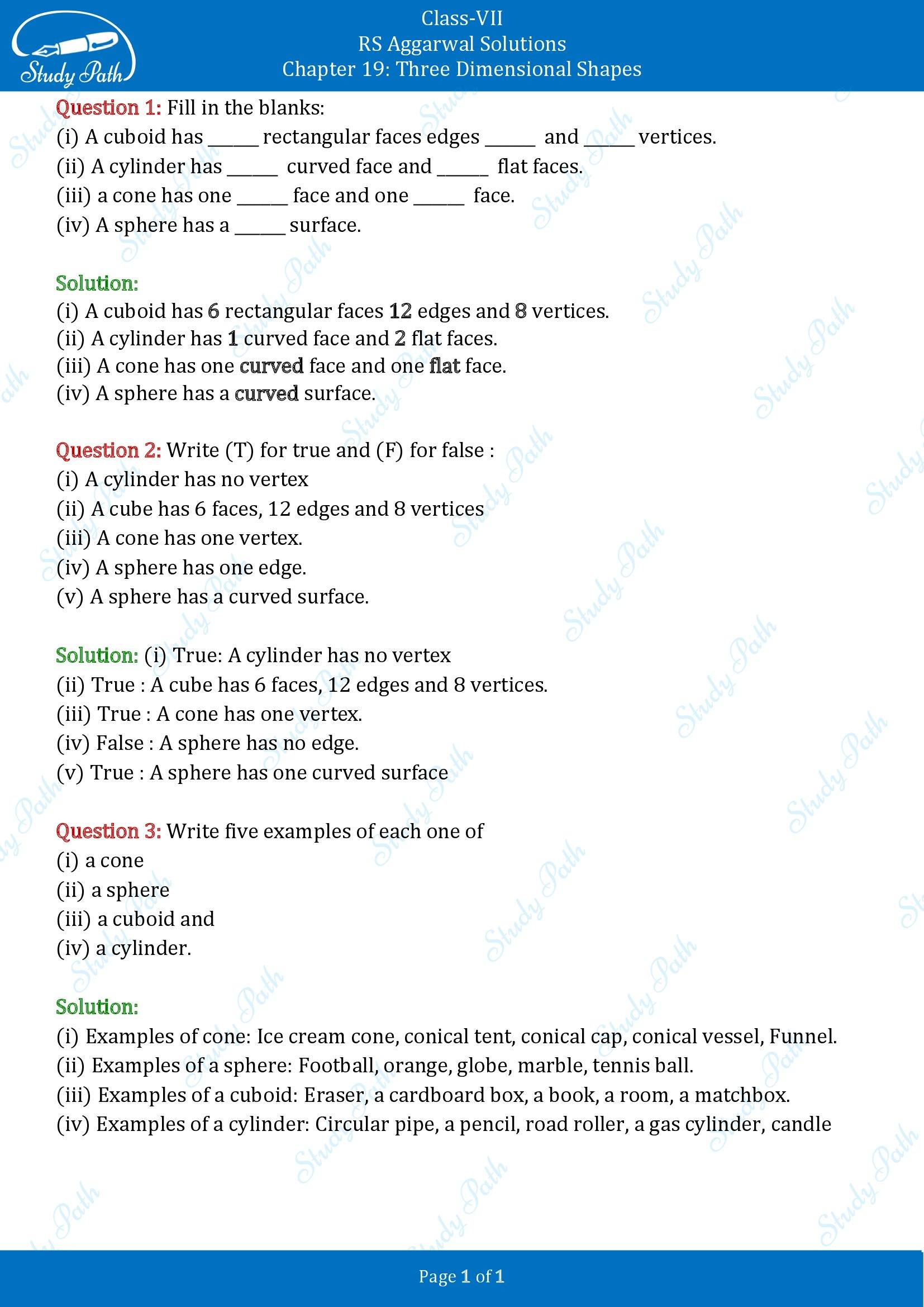 RS Aggarwal Solutions Class 7 Chapter 19 Three Dimensional Shapes