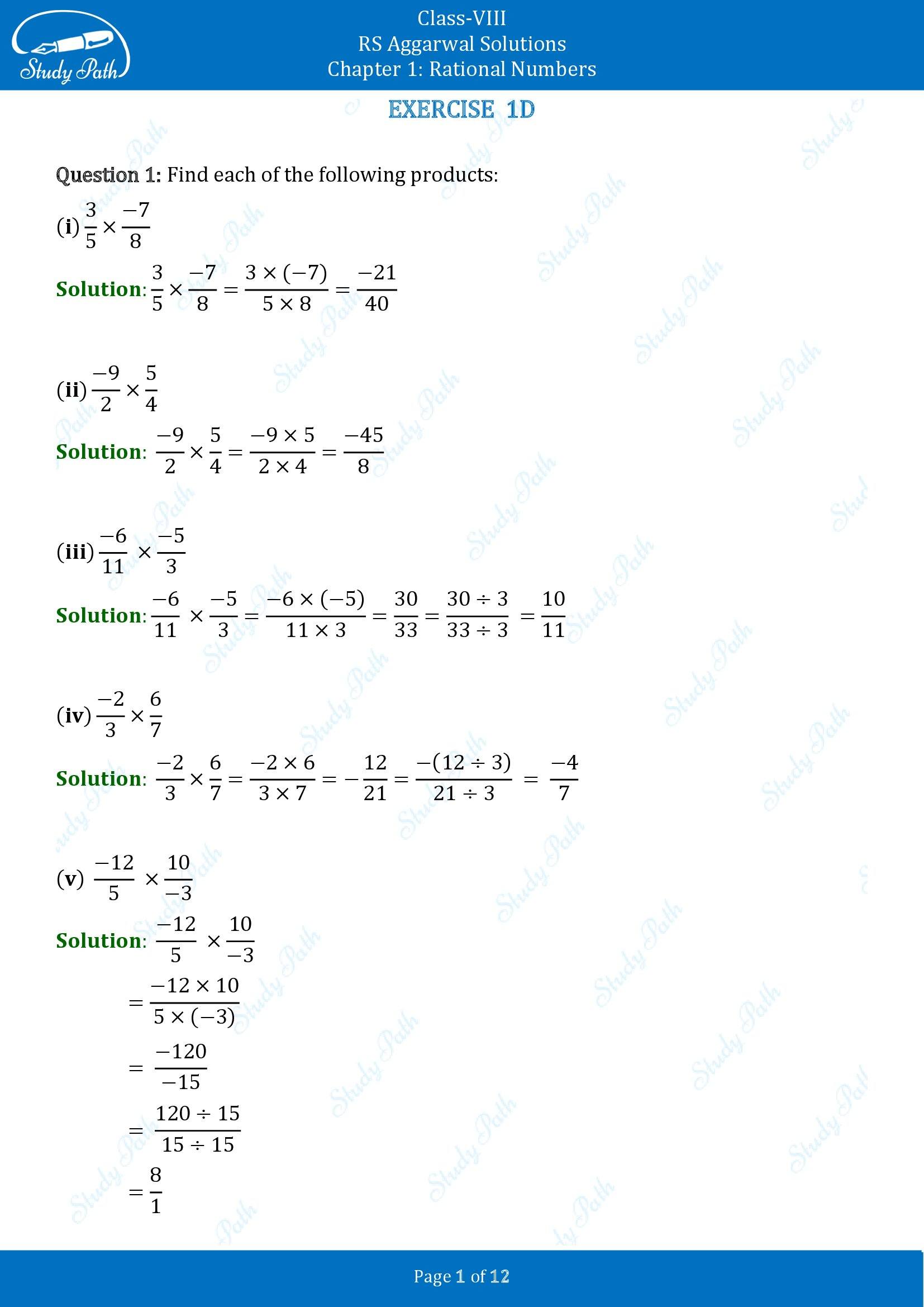 RS Aggarwal Solutions Class 8 Chapter 1 Rational Numbers Exercise 1D 00001