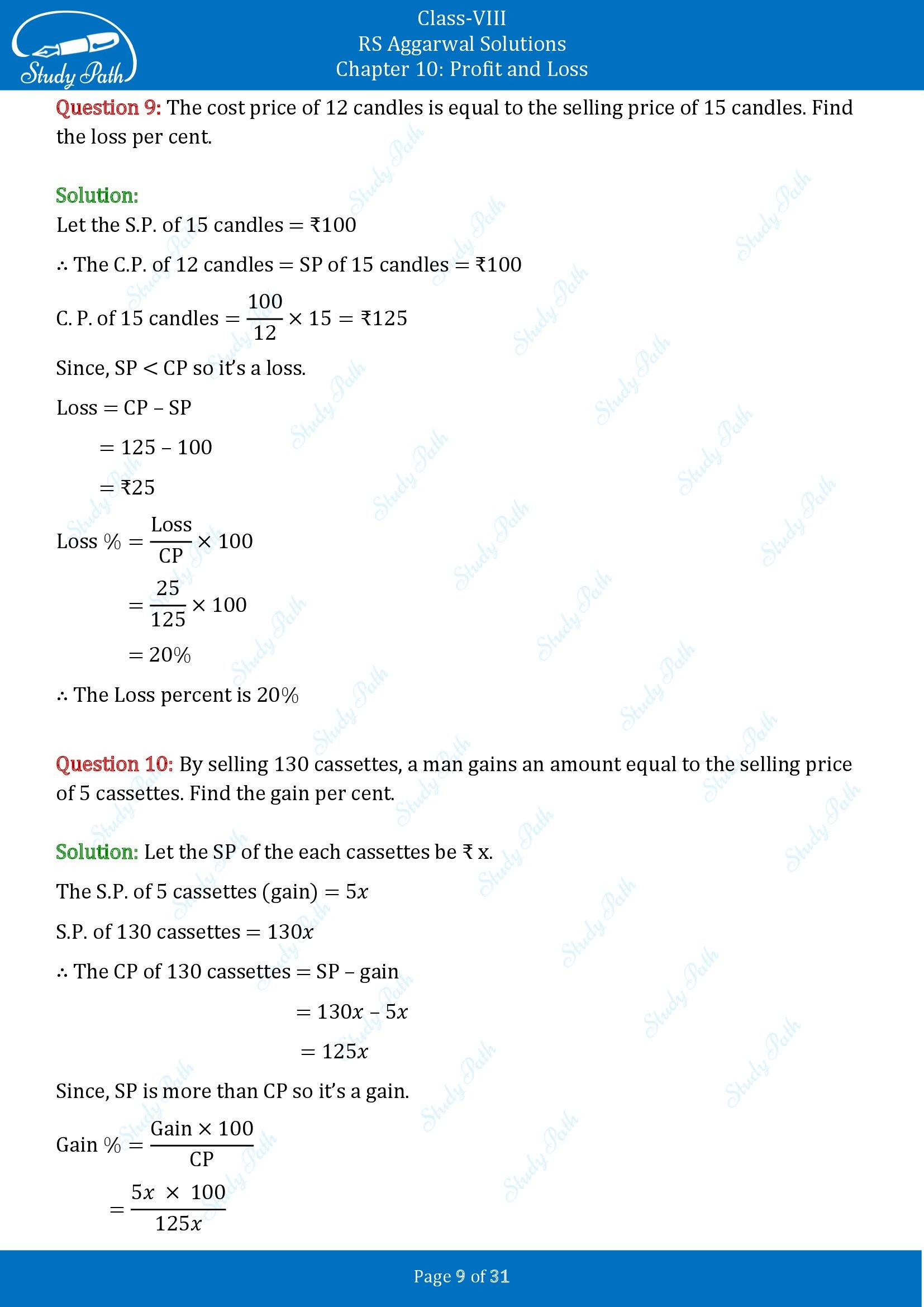 RS Aggarwal Solutions Class 8 Chapter 10 Profit and Loss Exercise 10A 00009