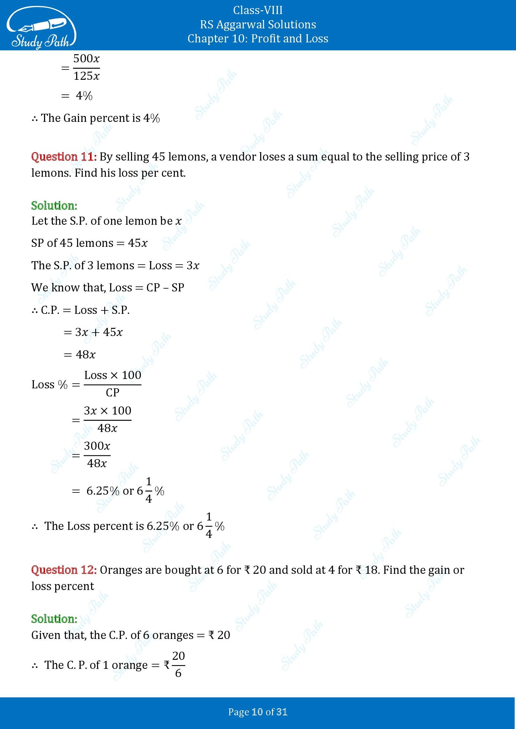 RS Aggarwal Solutions Class 8 Chapter 10 Profit and Loss Exercise 10A 00010