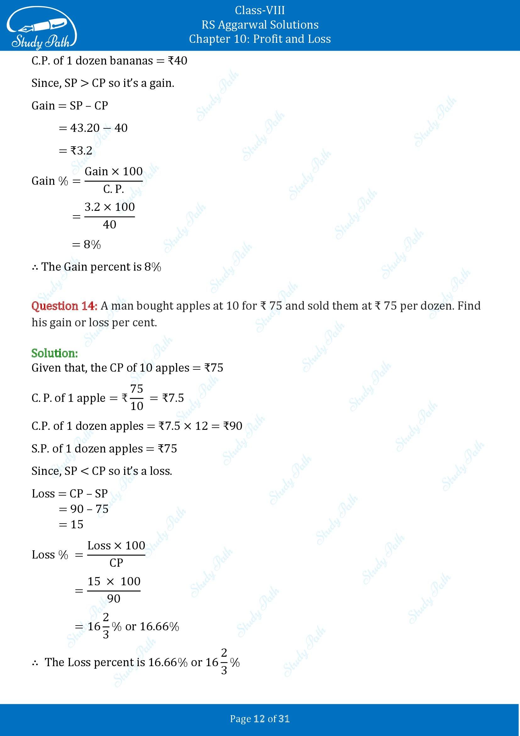 RS Aggarwal Solutions Class 8 Chapter 10 Profit and Loss Exercise 10A 00012