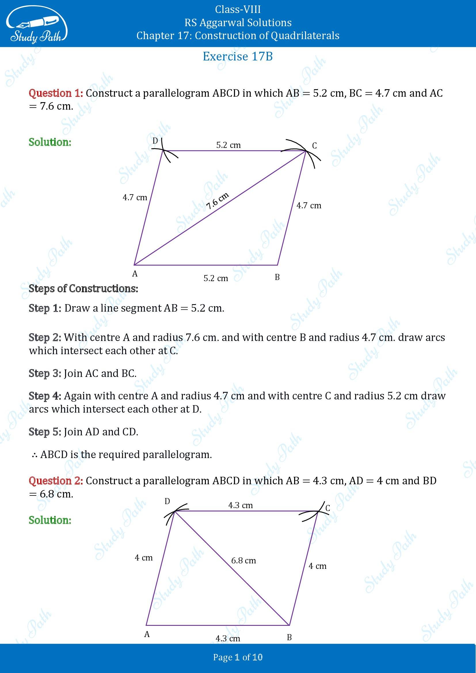 RS Aggarwal Solutions Class 8 Chapter 17 Construction of Quadrilaterals Exercise 17B 00001