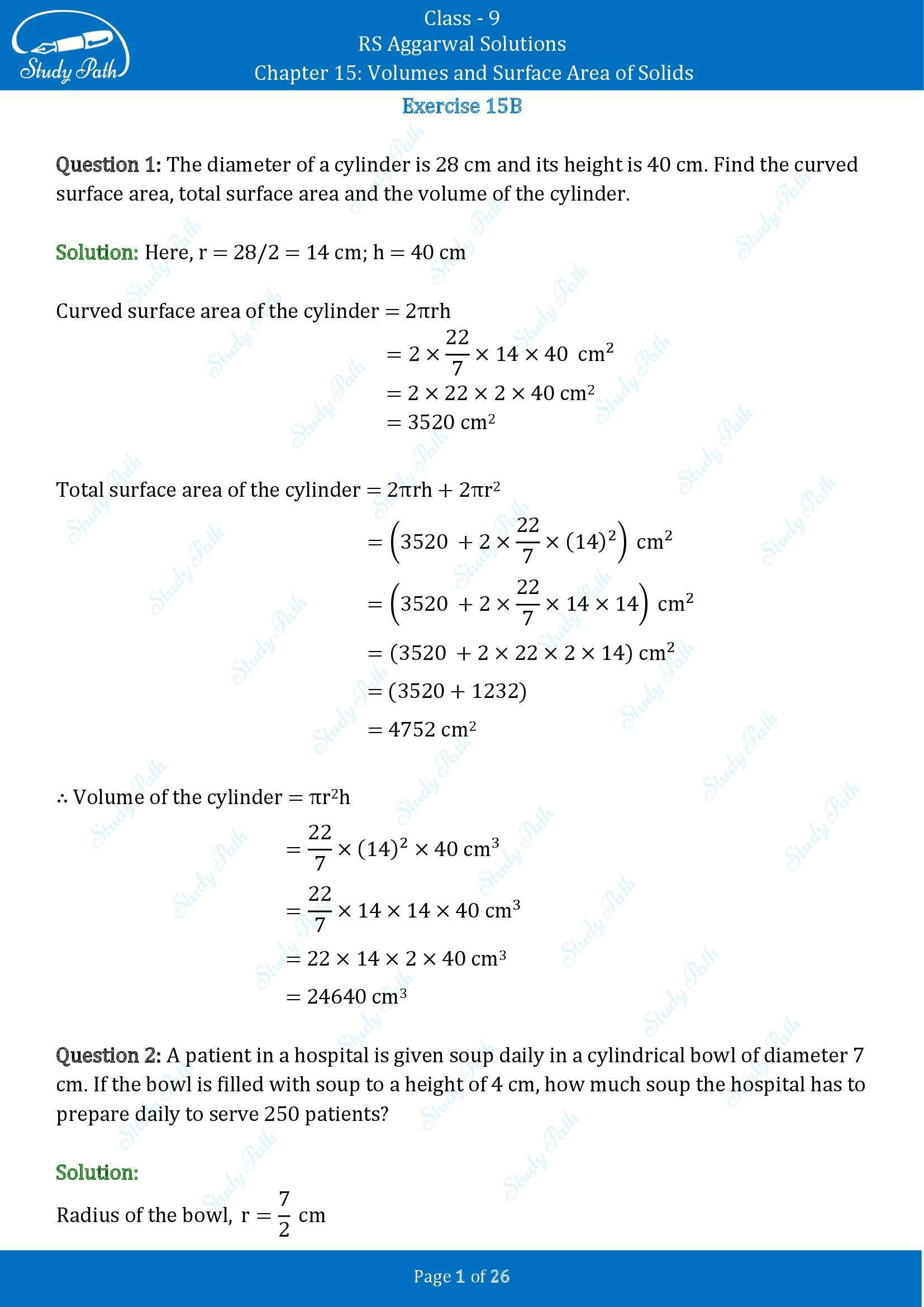 RS Aggarwal Solutions Class 9 Chapter 15 Volumes and Surface Area of Solids Exercise 15B 00001