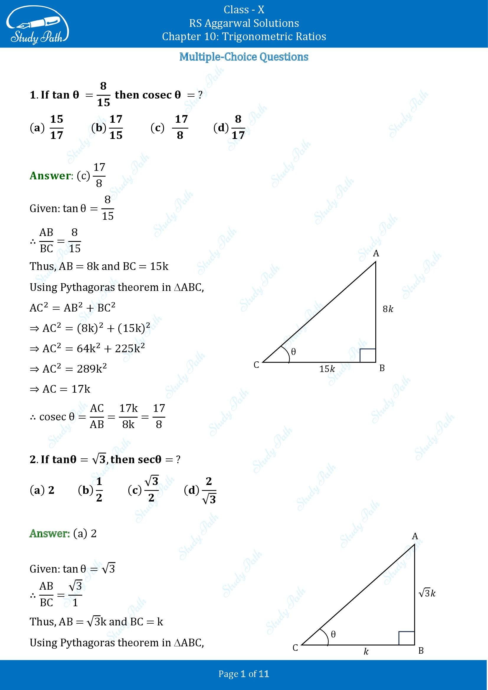 RS Aggarwal Solutions for Class 10 Chapter 10 Trigonometric Ratios Multiple Choice Questions 00001