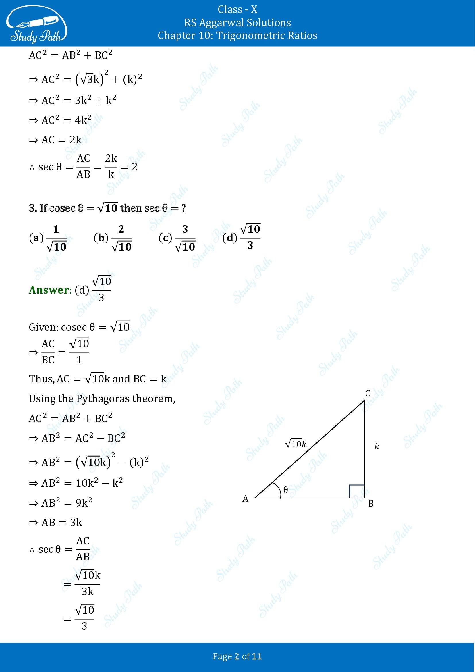 RS Aggarwal Solutions for Class 10 Chapter 10 Trigonometric Ratios Multiple Choice Questions 00002