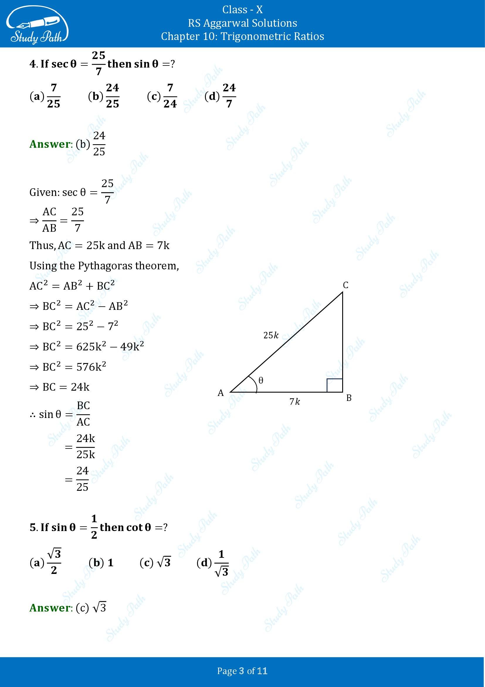 RS Aggarwal Solutions for Class 10 Chapter 10 Trigonometric Ratios Multiple Choice Questions 00003
