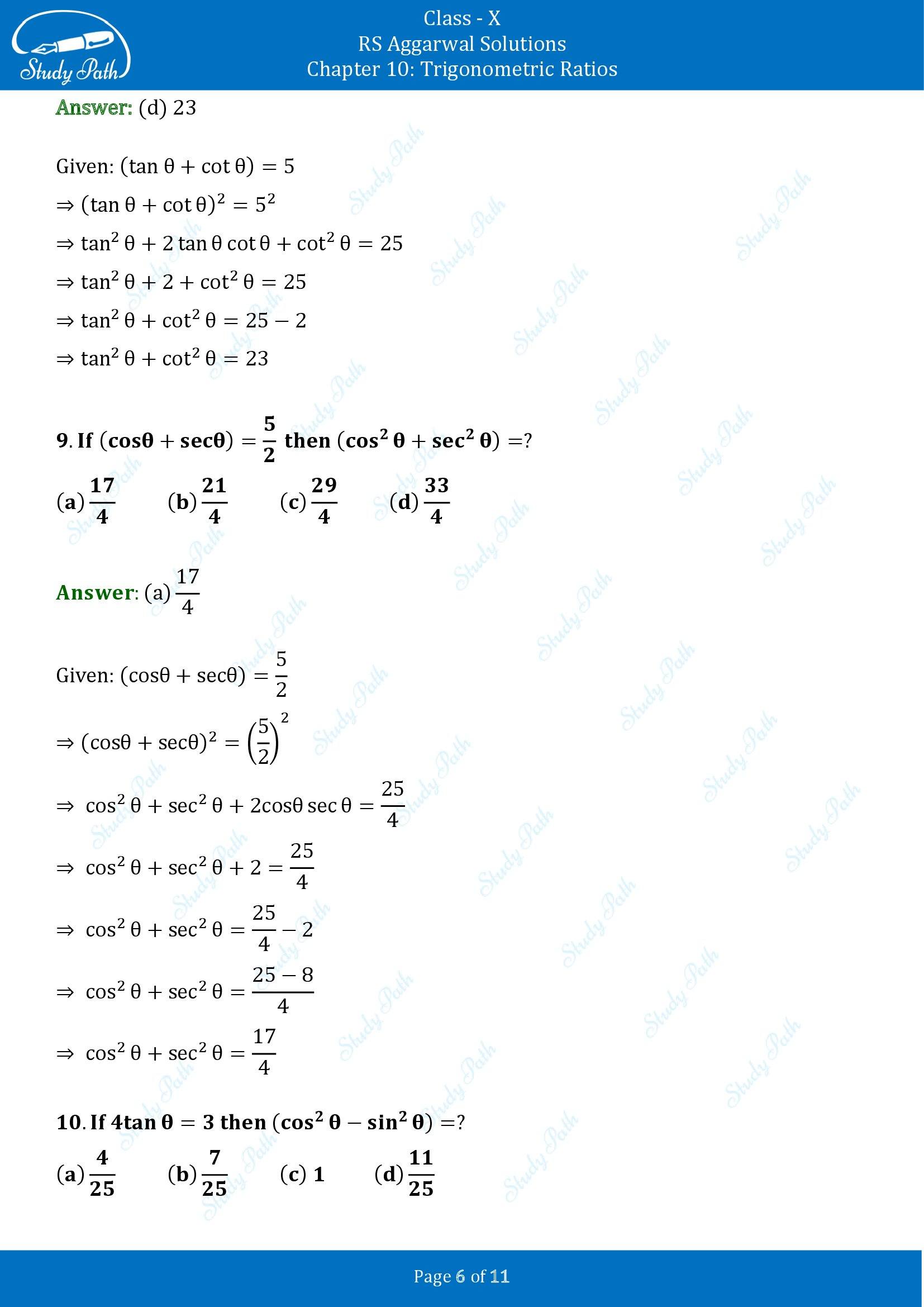 RS Aggarwal Solutions for Class 10 Chapter 10 Trigonometric Ratios Multiple Choice Questions 00006