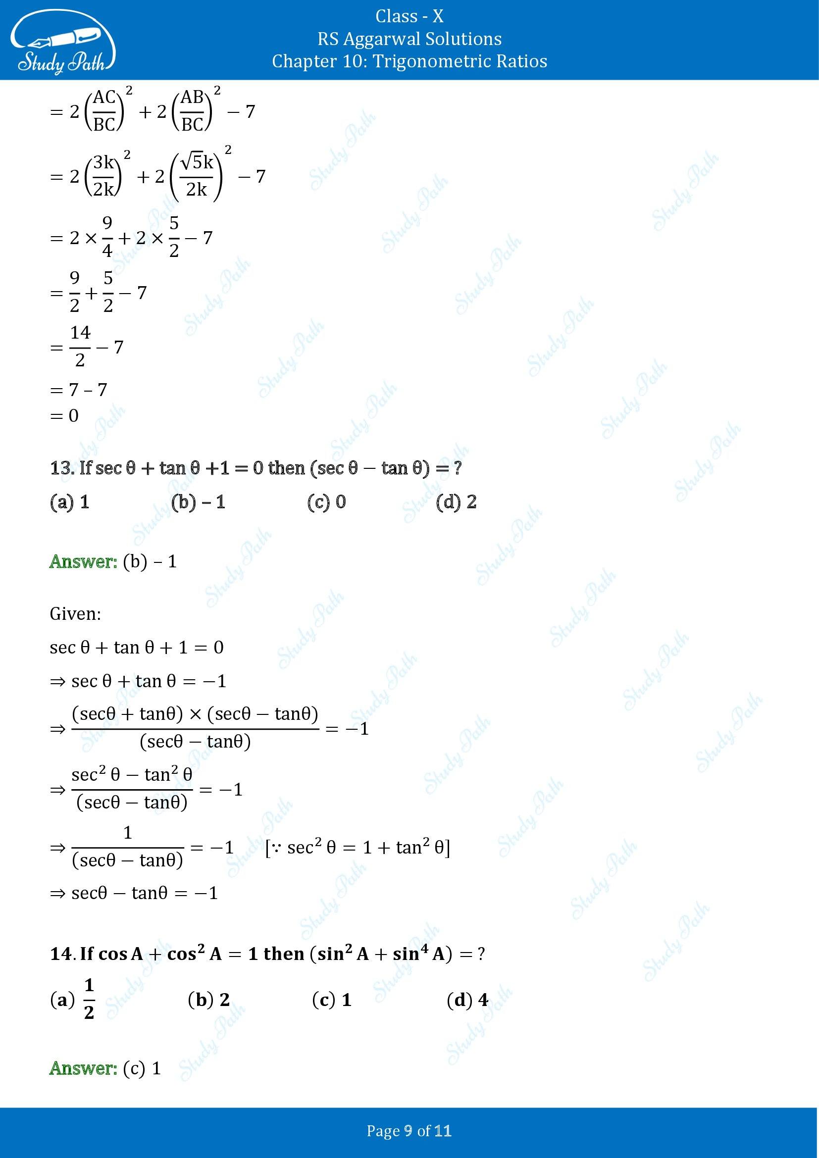 RS Aggarwal Solutions for Class 10 Chapter 10 Trigonometric Ratios Multiple Choice Questions 00009