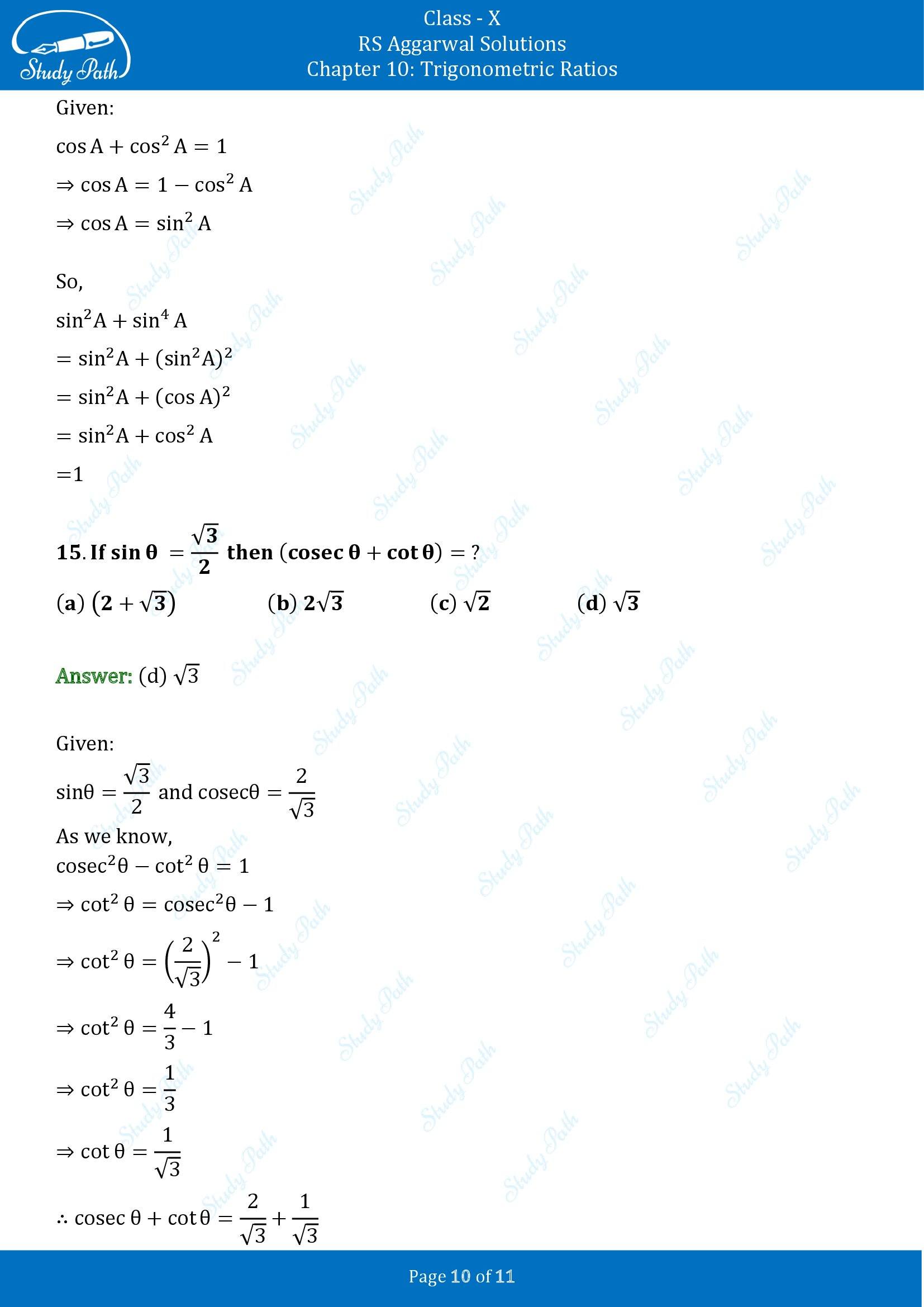 RS Aggarwal Solutions for Class 10 Chapter 10 Trigonometric Ratios Multiple Choice Questions 00010