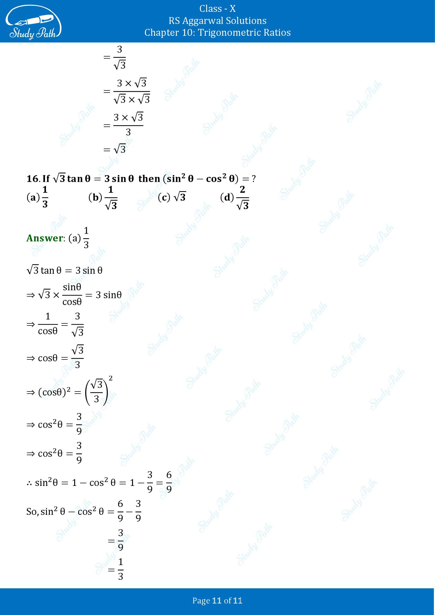 RS Aggarwal Solutions for Class 10 Chapter 10 Trigonometric Ratios Multiple Choice Questions 00011