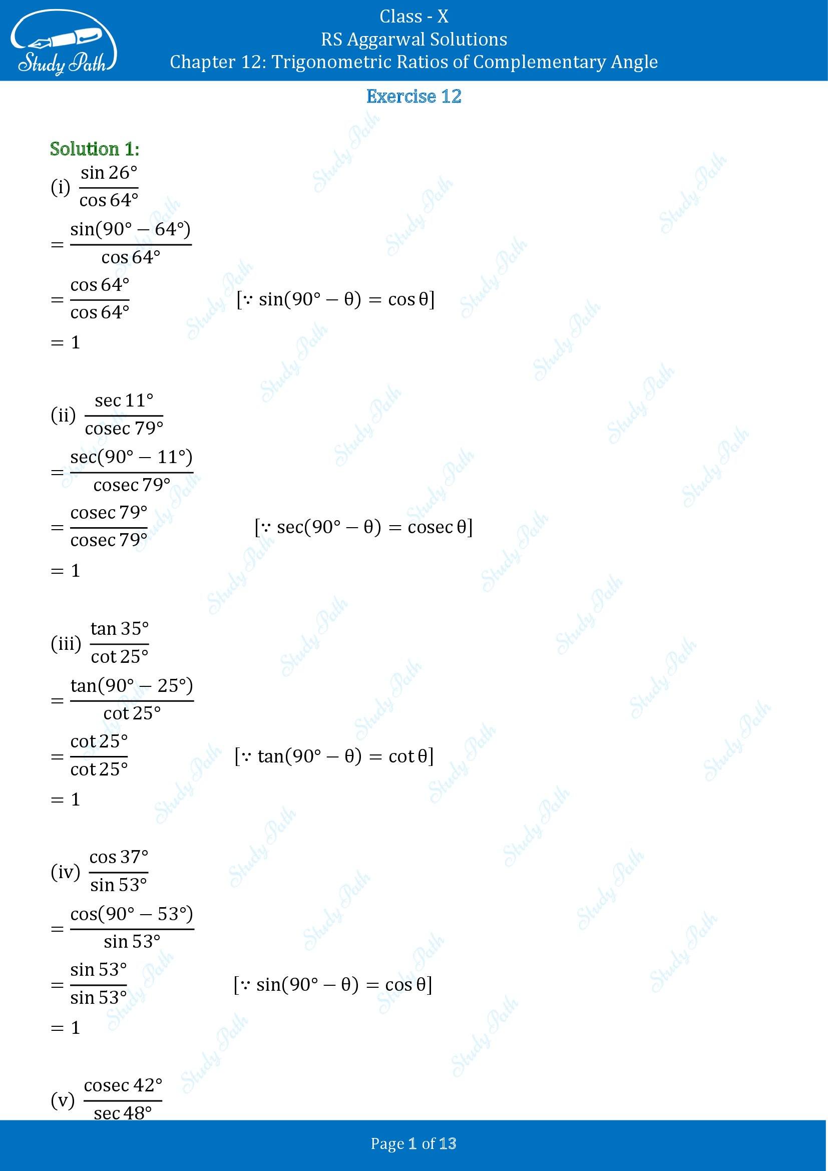 RS Aggarwal Solutions for Class 10 Chapter 12 Trigonometric Ratios of Some Complementary Angles Exercise 12 00001