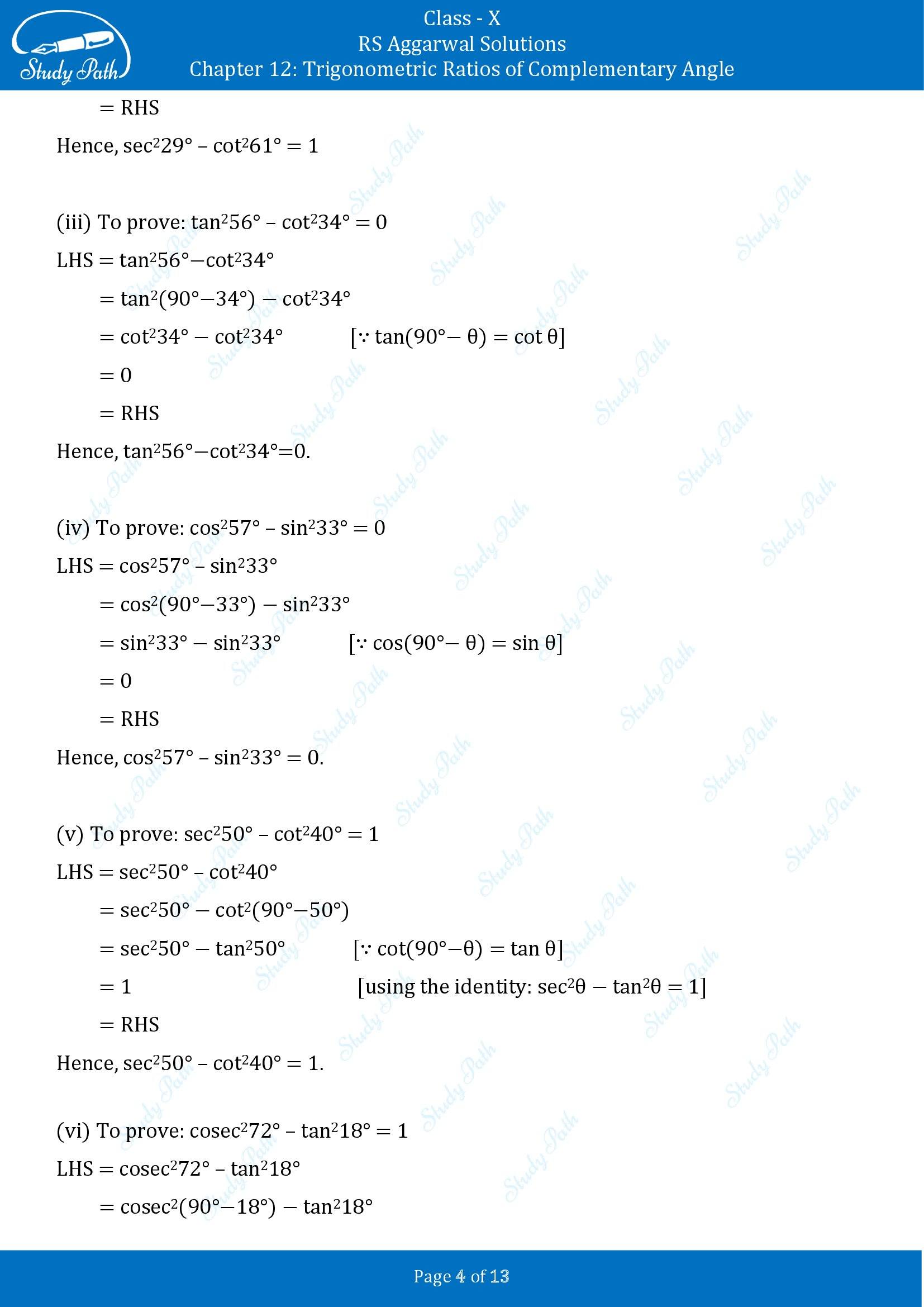RS Aggarwal Solutions for Class 10 Chapter 12 Trigonometric Ratios of Some Complementary Angles Exercise 12 00004