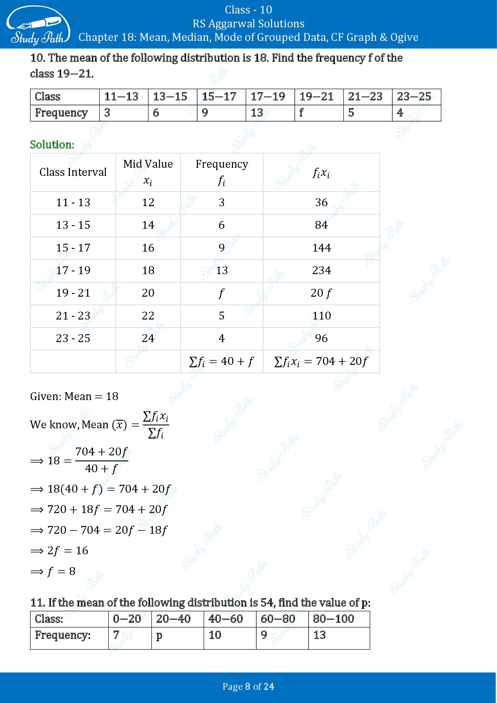 RS Aggarwal Solutions for Class 10 Chapter 18 Mean Median Mode CF and Ogive Exercise 18A 00008