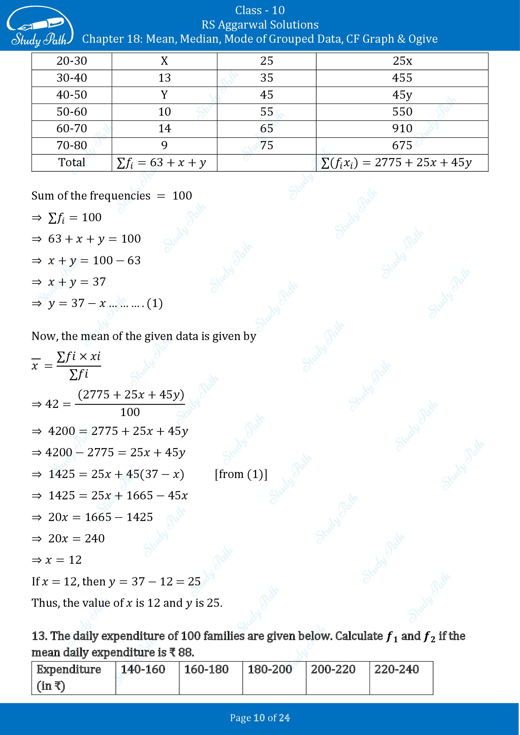 RS Aggarwal Solutions for Class 10 Chapter 18 Mean Median Mode CF and Ogive Exercise 18A 00010