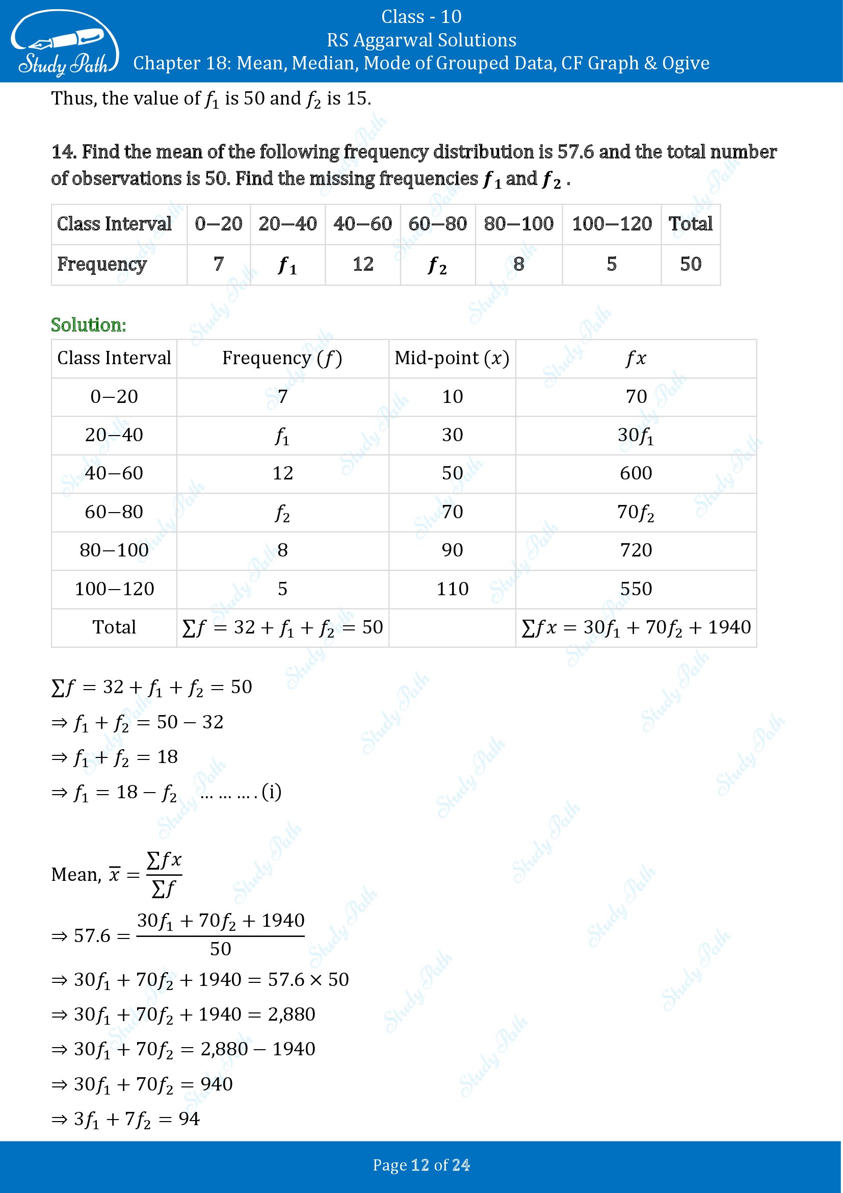 RS Aggarwal Solutions for Class 10 Chapter 18 Mean Median Mode CF and Ogive Exercise 18A 00012
