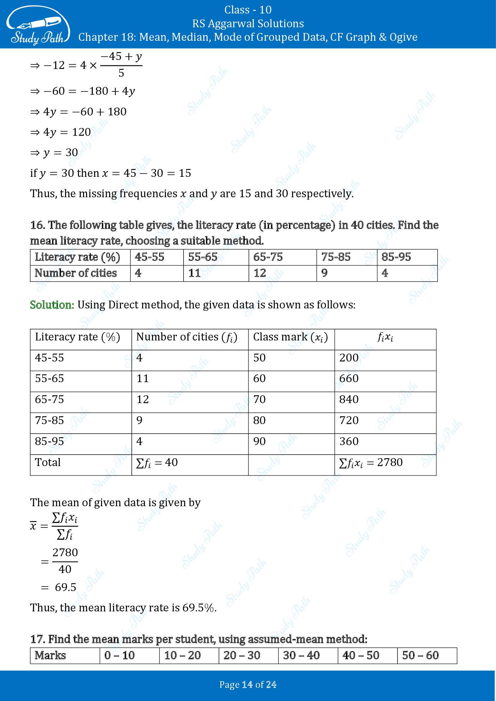 RS Aggarwal Solutions for Class 10 Chapter 18 Mean Median Mode CF and Ogive Exercise 18A 00014