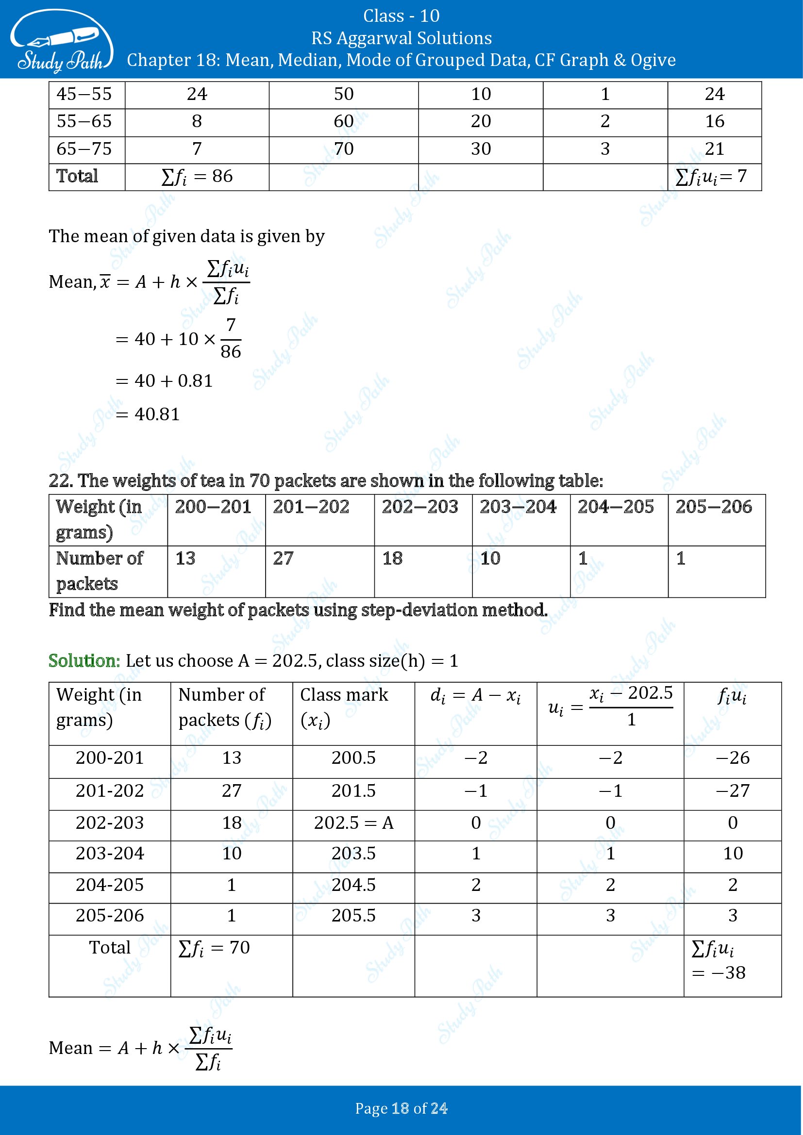 RS Aggarwal Solutions for Class 10 Chapter 18 Mean Median Mode CF and Ogive Exercise 18A 00018