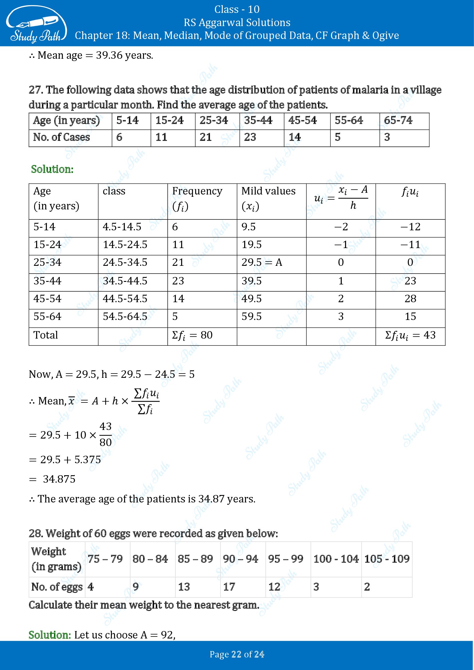 RS Aggarwal Solutions for Class 10 Chapter 18 Mean Median Mode CF and Ogive Exercise 18A 00022