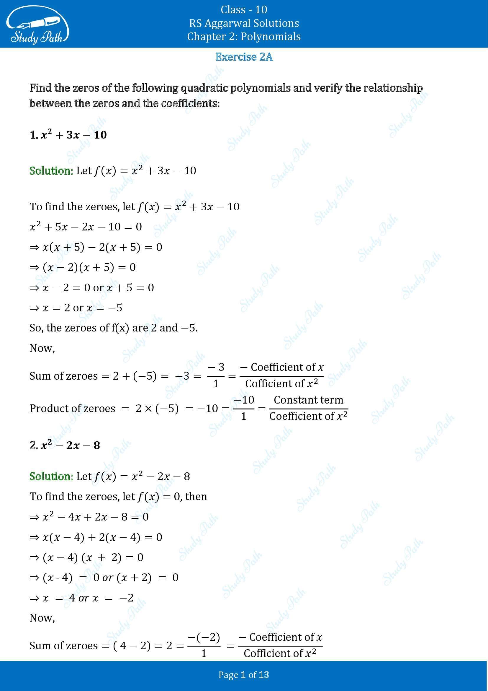 RS Aggarwal Solutions for Class 10 Chapter 2 Polynomials Exercise 2A 00001