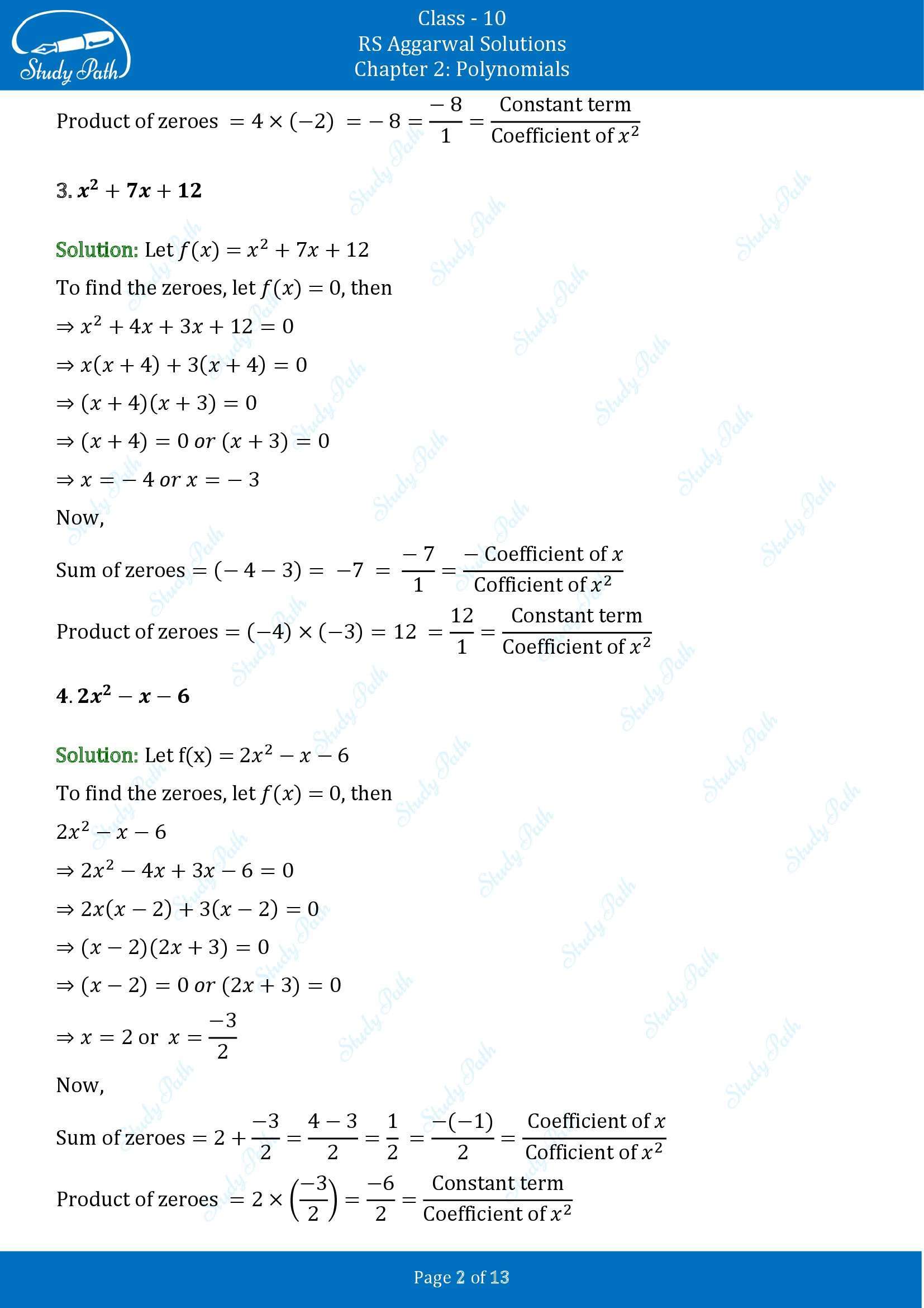RS Aggarwal Solutions for Class 10 Chapter 2 Polynomials Exercise 2A 00002